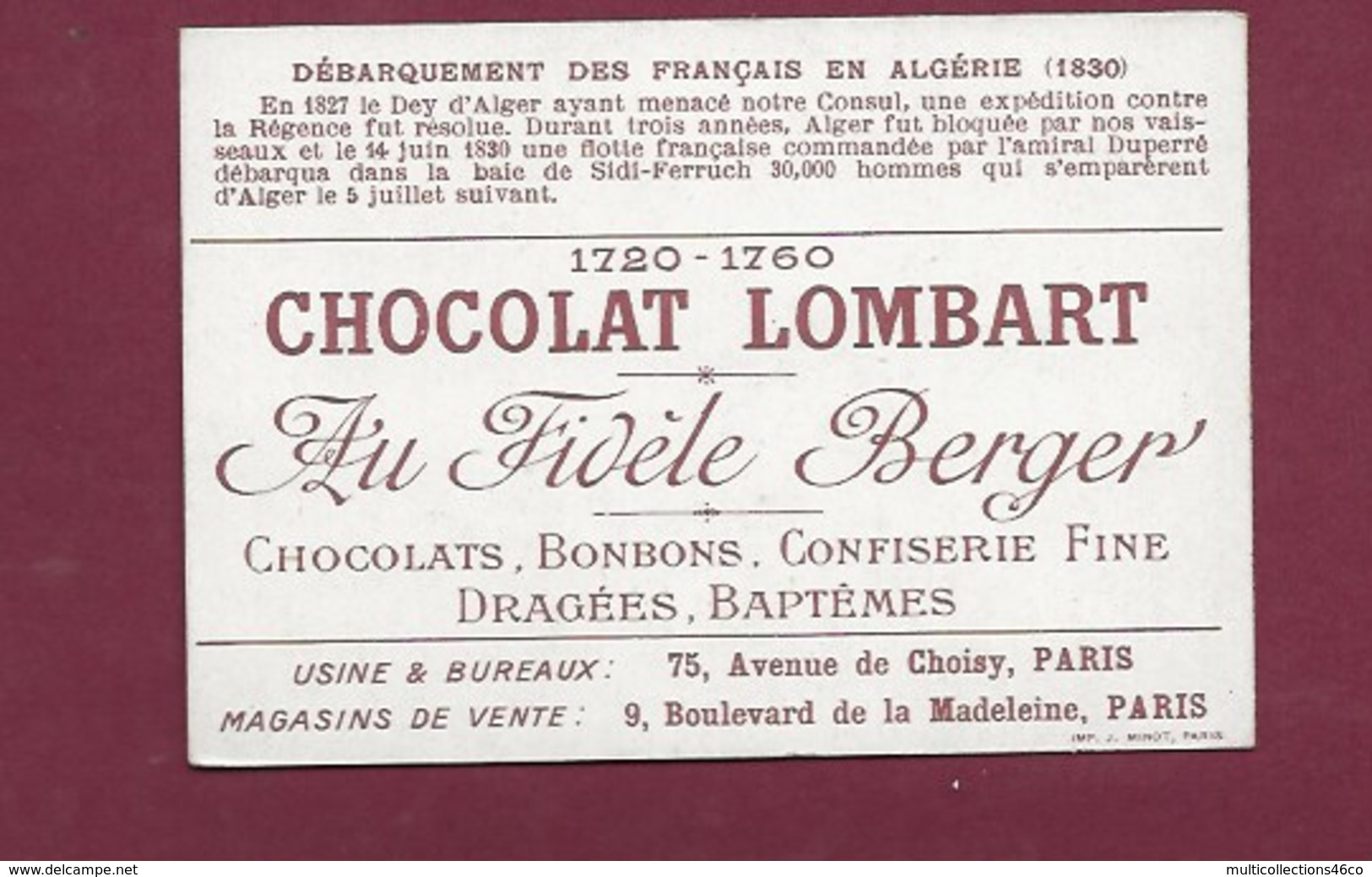 250619 - CHROMO CHOCOLAT LOMBART - Débarquement Des Francais En Algérie 1830 - Lombart