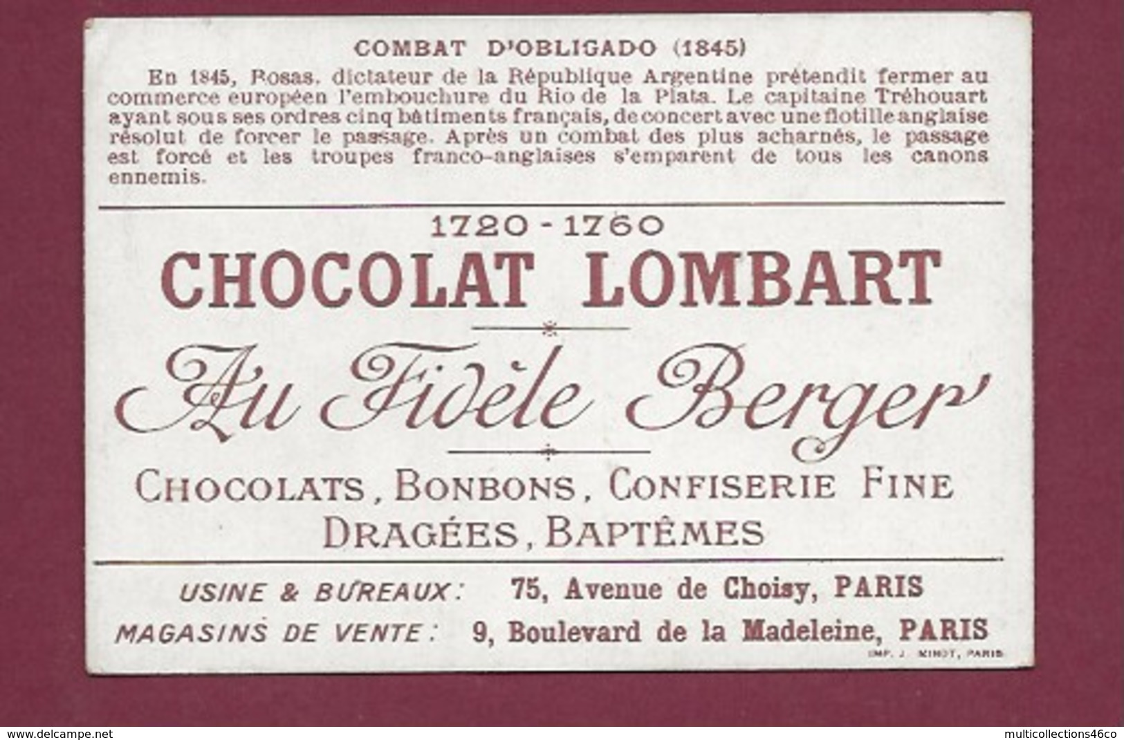 250619 - CHROMO CHOCOLAT LOMBART - COmbat D'Obligado 1845 - Lombart