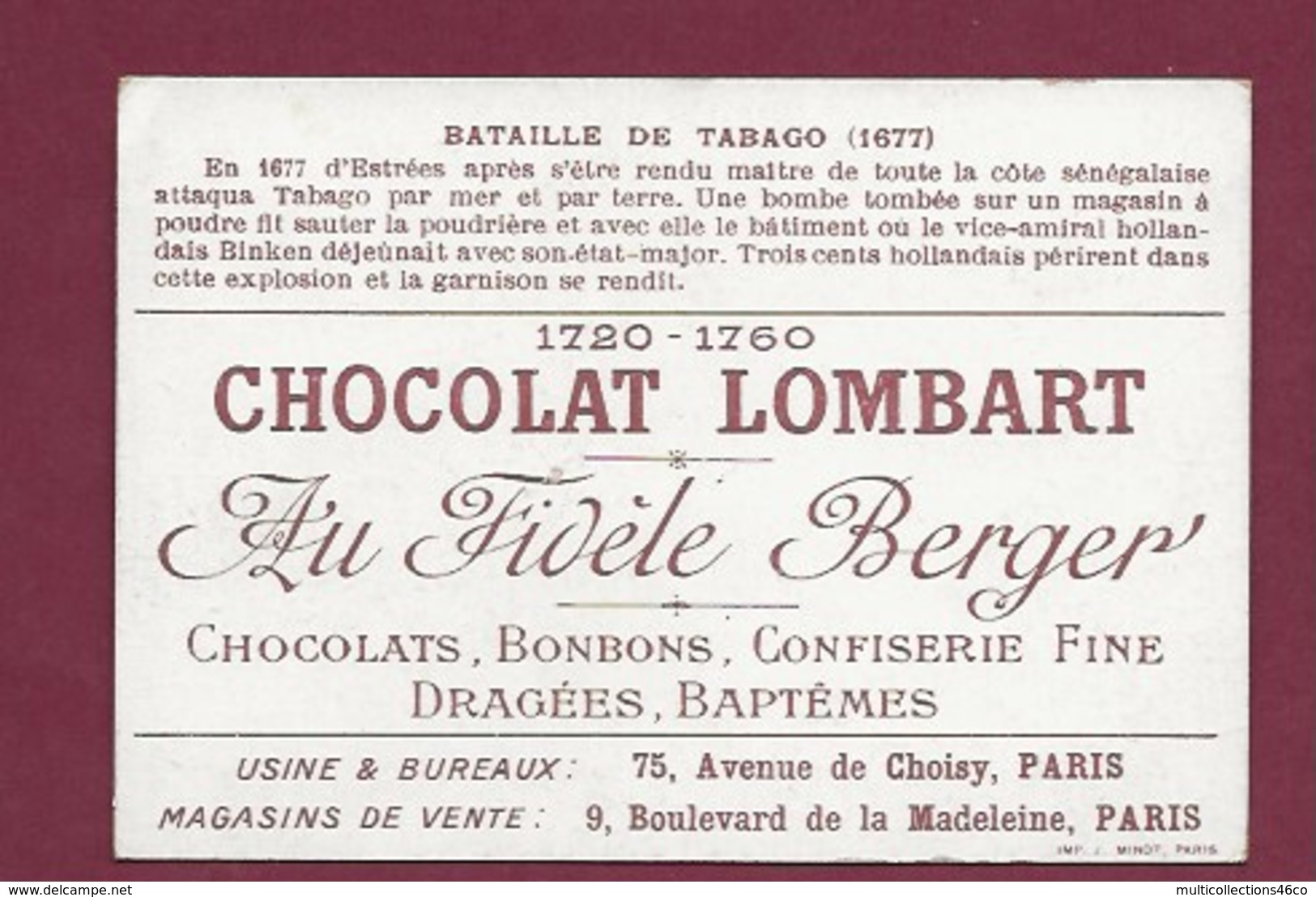 250619 - CHROMO CHOCOLAT LOMBART - Bataille De Tabago 1677 - Lombart