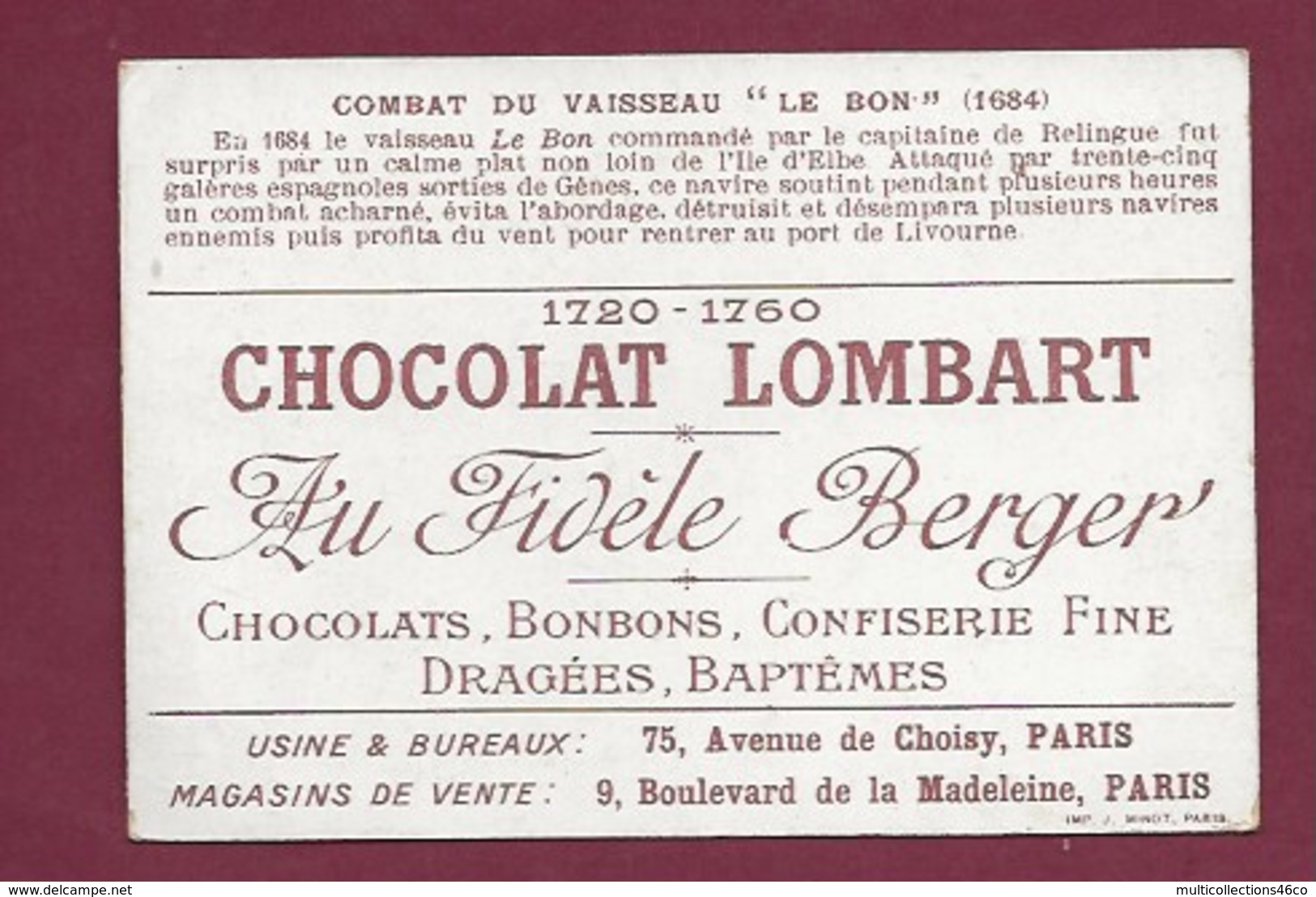 250619 - CHROMO CHOCOLAT LOMBART - Combat Du Vaisseau "Le Bon" 1684 - Lombart