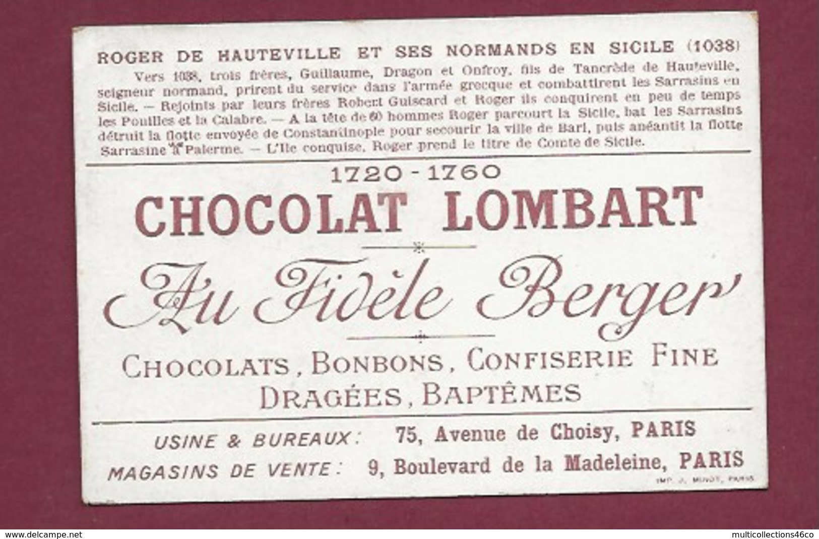 250619 - CHROMO CHOCOLAT LOMBART - Roger De Hauteville Et Ses Normands En Sicile 1038 - Lombart