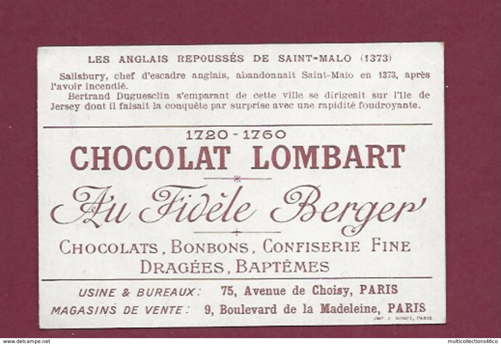 250619 - CHROMO CHOCOLAT LOMBART - Les Anglais Repoussées De Saint-Malo 1373 - Lombart