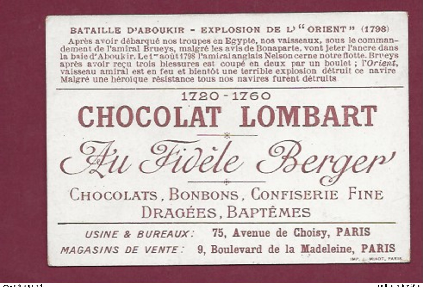 250619 - CHROMO CHOCOLAT LOMBART - Bataille D'Aboukir : Explosion De L' "Orient "1798 - Lombart