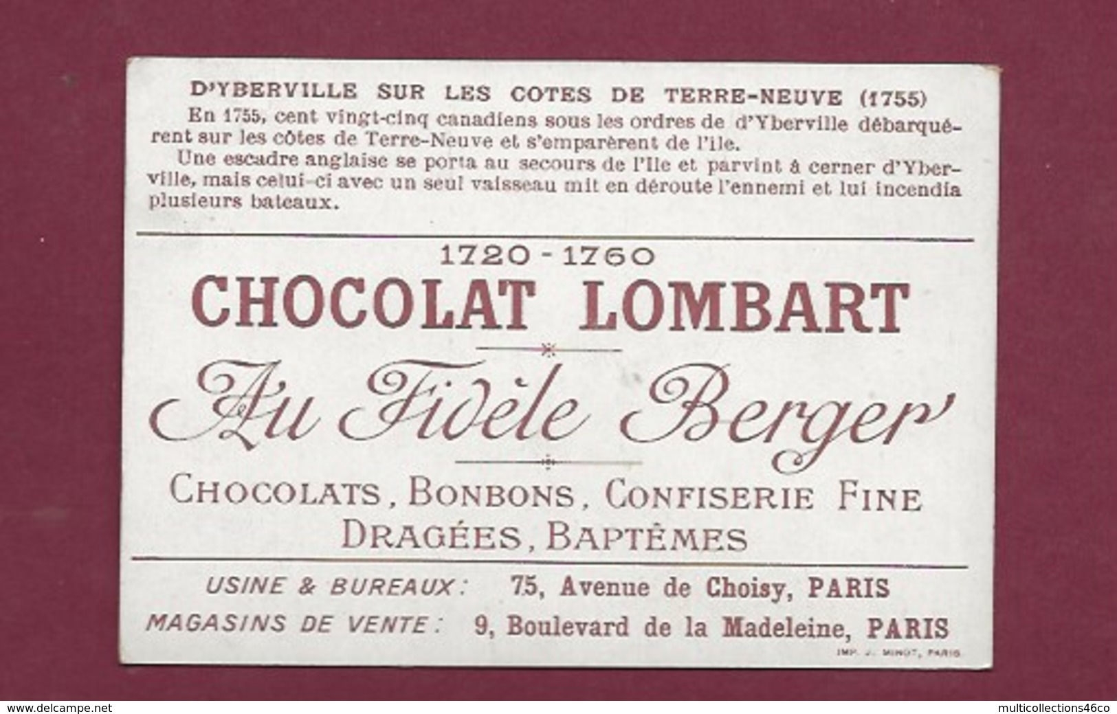 250619 - CHROMO CHOCOLAT LOMBART - D'Yberville Sur Les Cotes De Terre-Neuve 1755 - Lombart