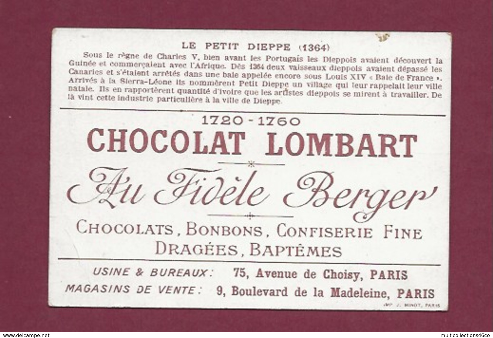 250619 - CHROMO CHOCOLAT LOMBART - Le Petit Dieppe 1364 - Lombart