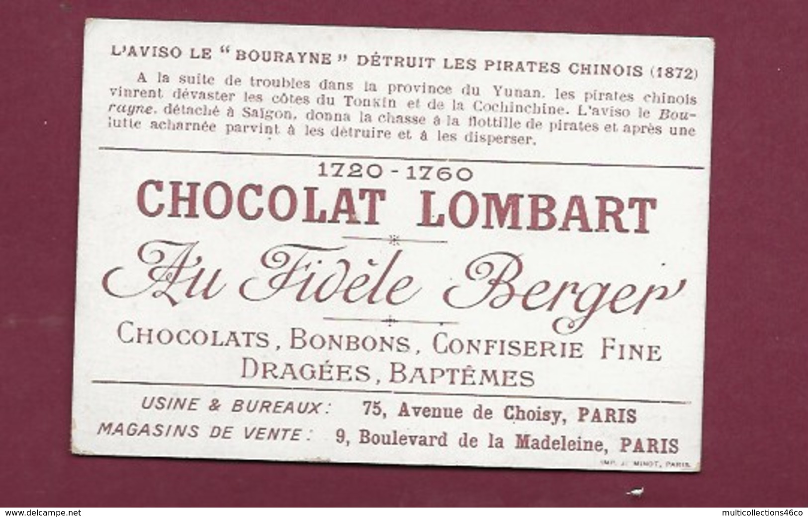 250619 - CHROMO CHOCOLAT LOMBART - L'Aviso Le "Bourayne" Détruit Les Pirates Chinois  1872 - Lombart