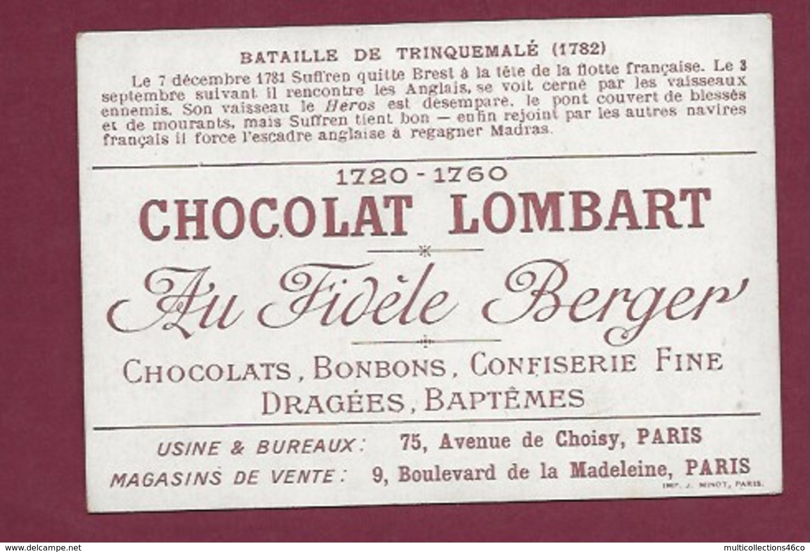 250619 - CHROMO CHOCOLAT LOMBART - Bataille De Trinquemalé 1782 - Lombart