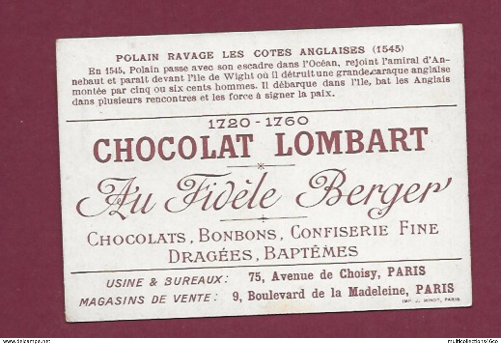 250619 - CHROMO CHOCOLAT LOMBART - Polain Ravage Les Cotes Anglaises 1545 - Lombart