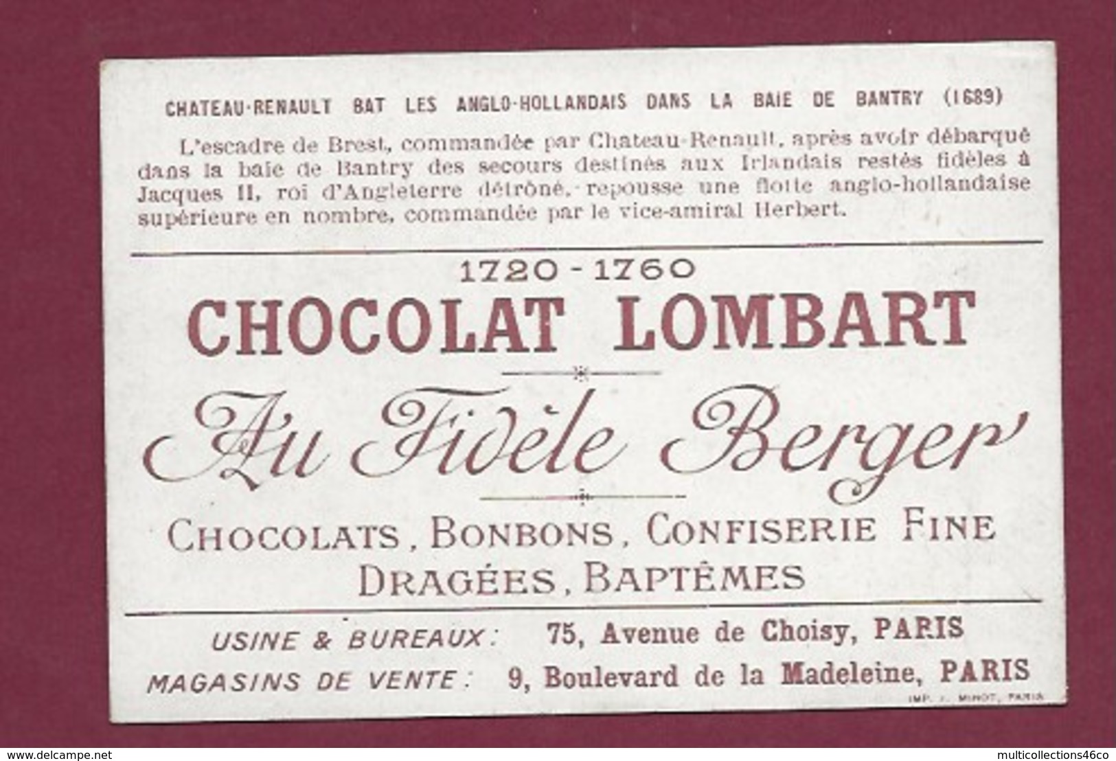 250619 - CHROMO CHOCOLAT LOMBART - Chateau-Renault Bat Les Anglo-Hollandais Dans La Baie De Bantry 1689 - Lombart