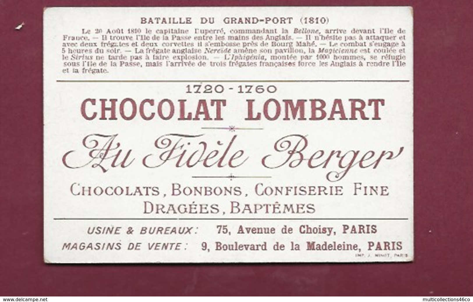 250619 - CHROMO CHOCOLAT LOMBART - Bataille Du Grand-Port 1810 - Lombart