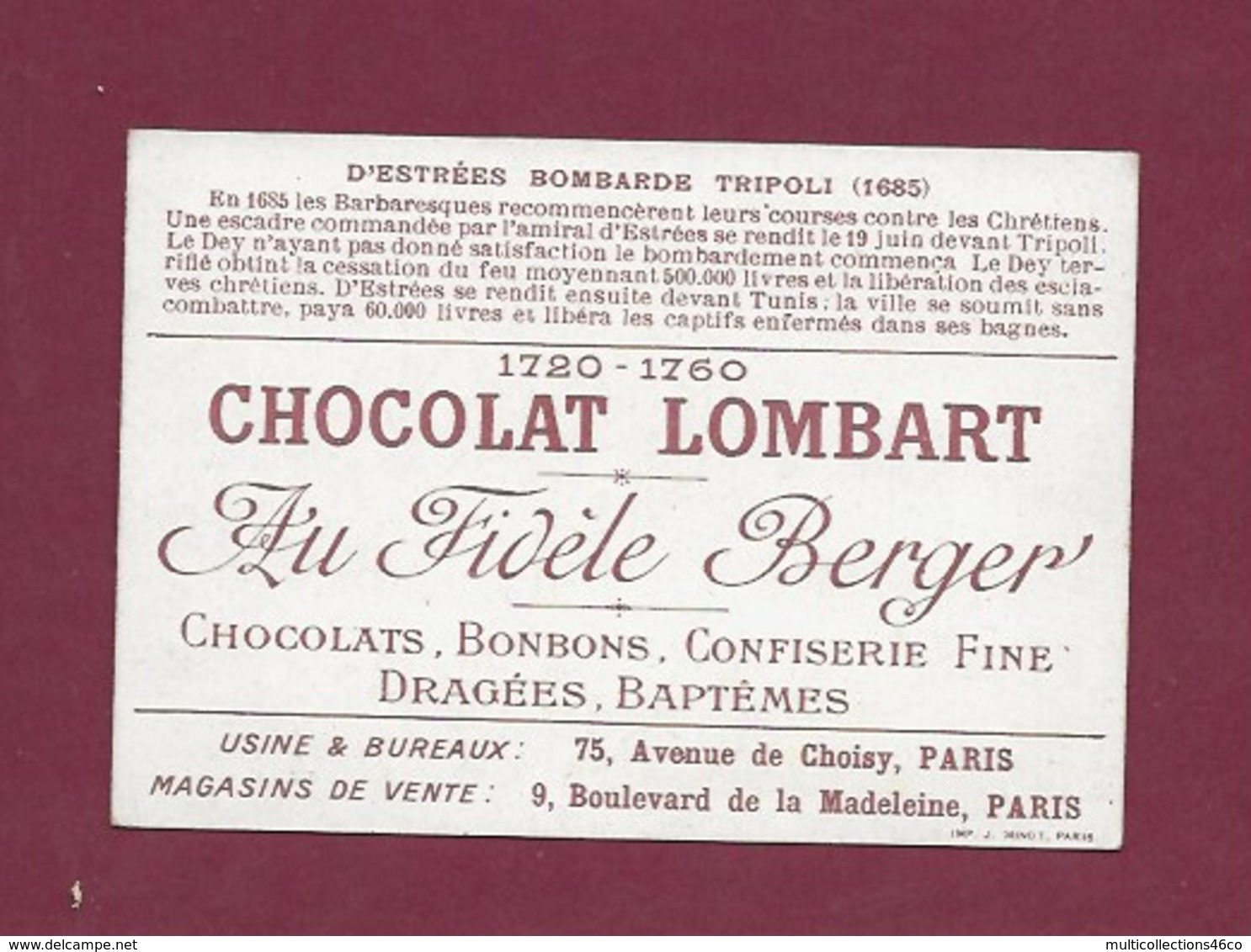 250619 - CHROMO CHOCOLAT LOMBART - D'Estrées Bombarde Tripoli 1685 - Lombart