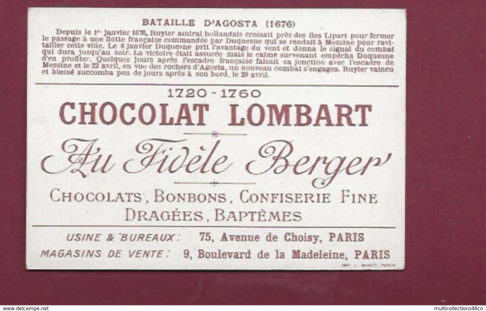 250619 - CHROMO CHOCOLAT LOMBART -  Bataille D'Agosta 1676 - Lombart