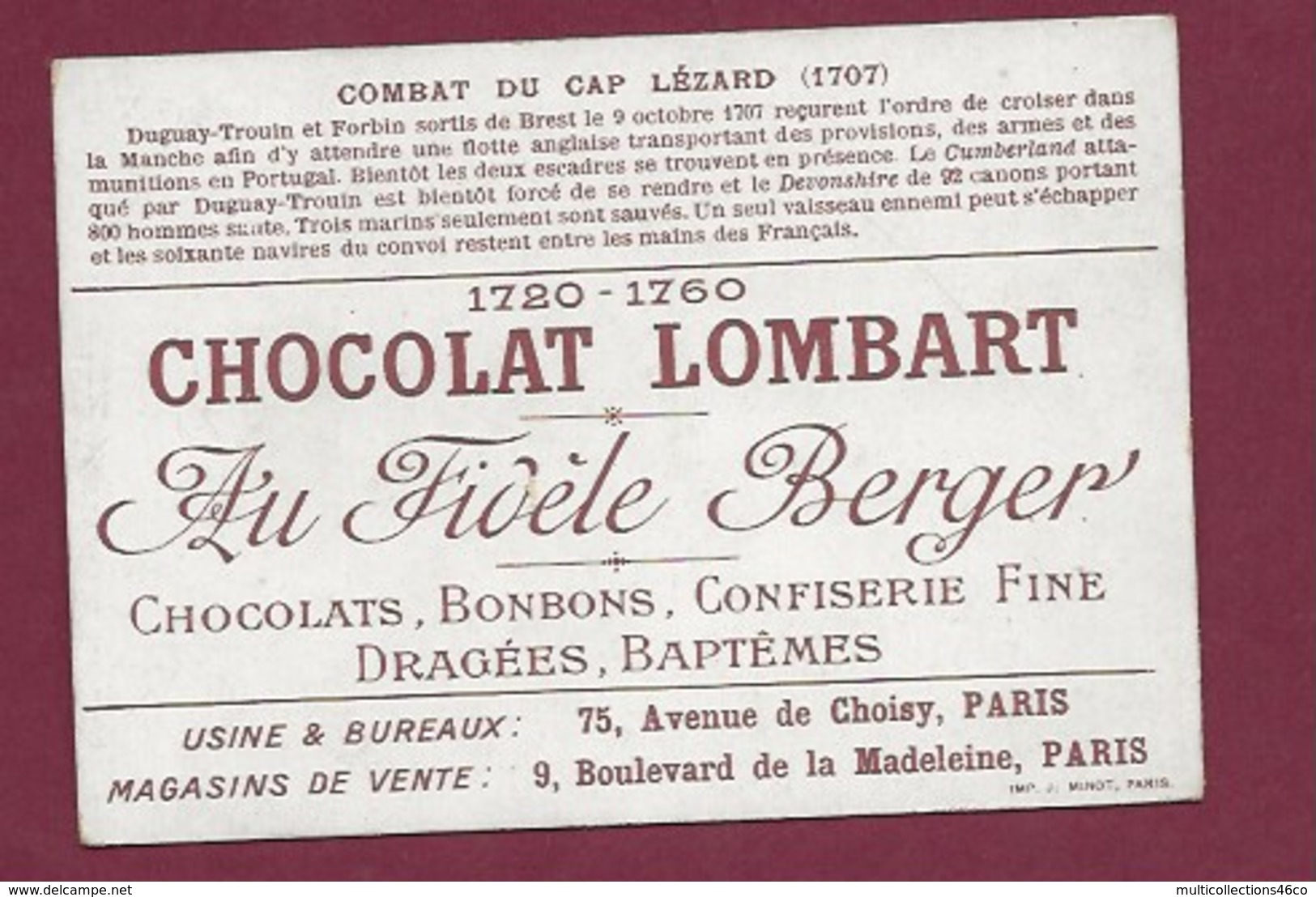 250619 - CHROMO CHOCOLAT LOMBART -  Combat Du Cap Lézard 1707 - Lombart