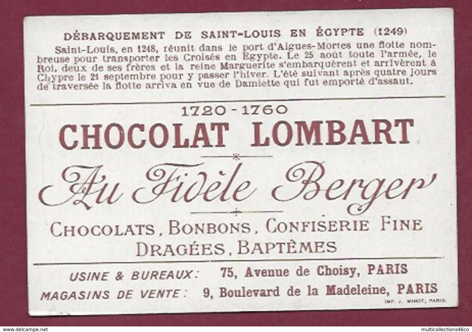 250619 - CHROMO CHOCOLAT LOMBART -  Débarquement De Saint-Louis En Egypte 1249 - Lombart