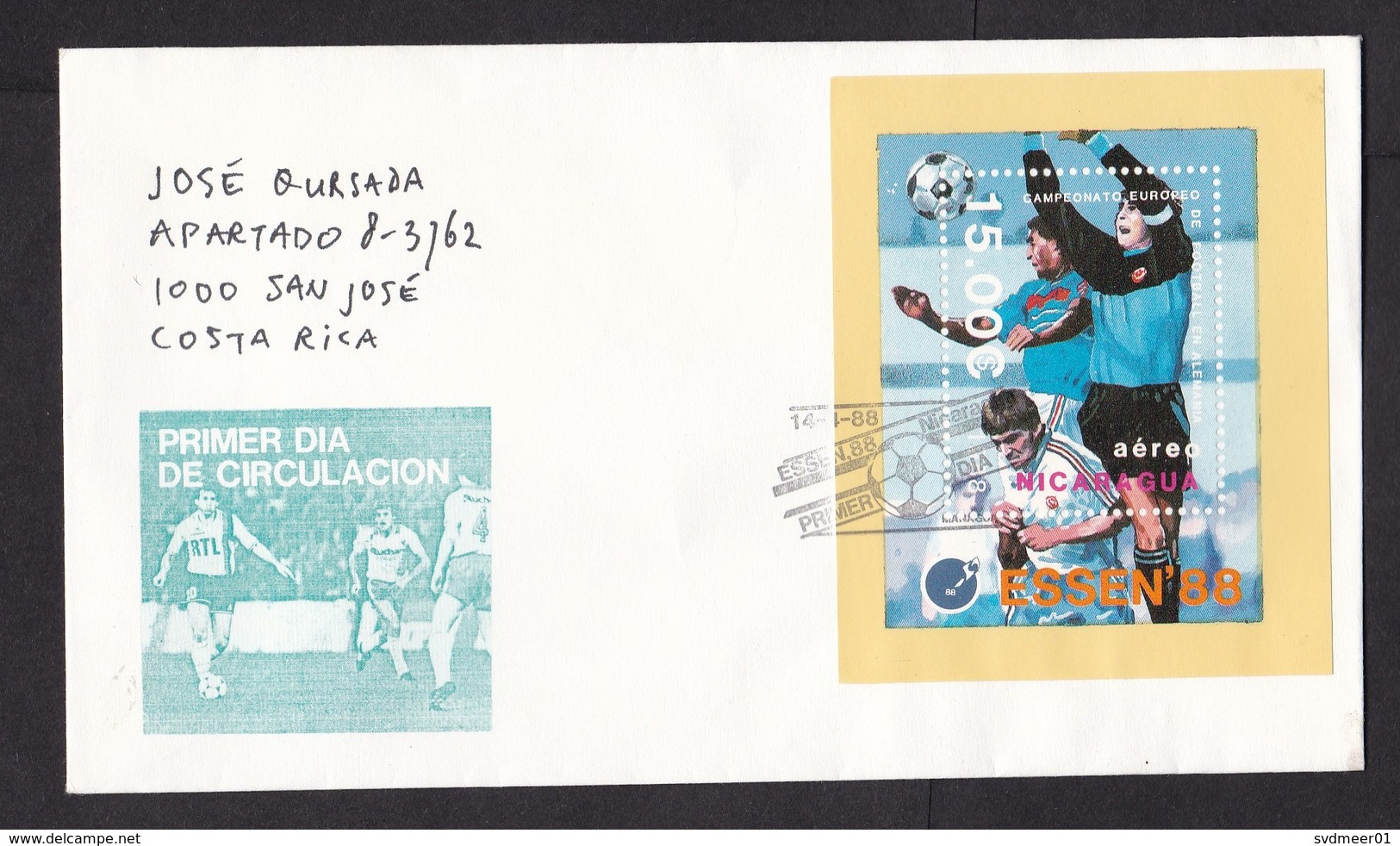 Nicaragua: FDC First Day Cover To Costa Rica, 1988, Souvenir Sheet, Soccer, Football, Sports (traces Of Use) - Nicaragua