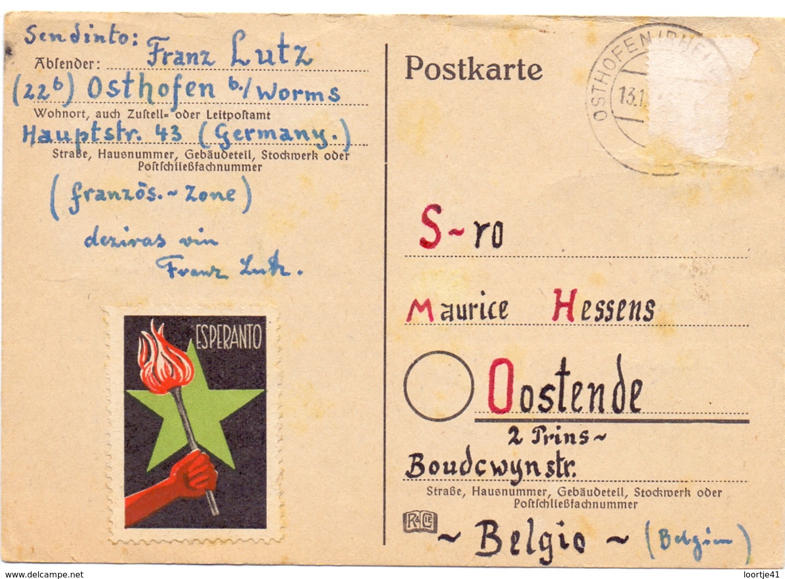 PK - Carte En Esperanto - Franz Lutz Osthofen - Verstuurd Naar Oostende - Autres & Non Classés