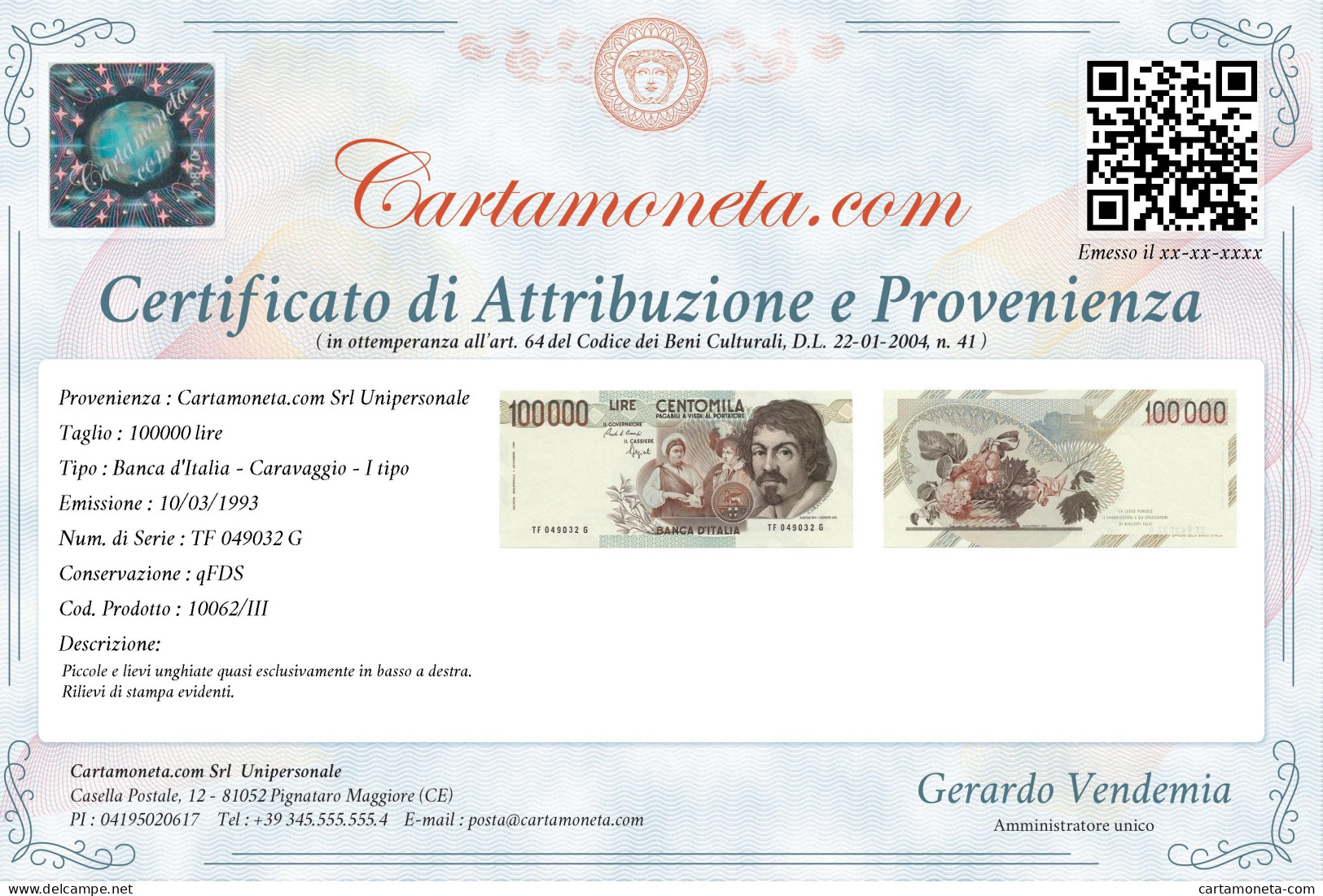 100000 LIRE BANCA D'ITALIA CARAVAGGIO I TIPO LETTERA F 10/03/1993 QFDS - Other & Unclassified