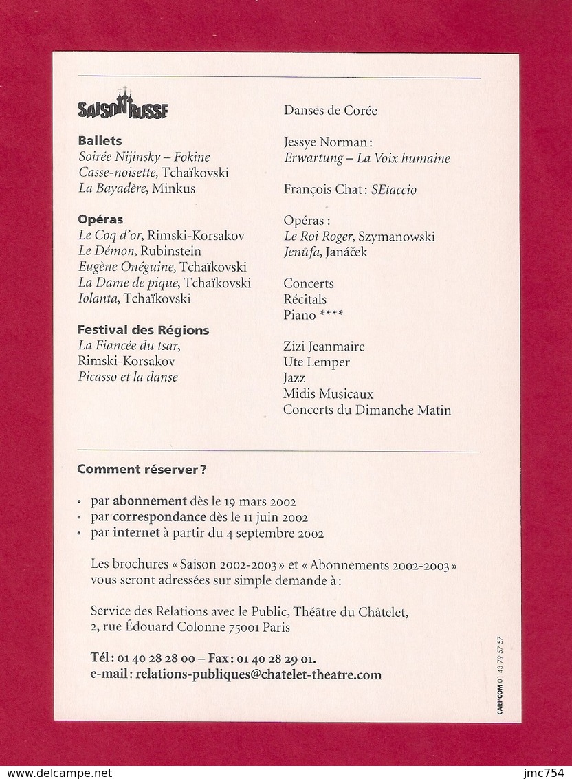 CPM.   Cart'Com.   Théatre Du Chatelet à Paris.  Saison Russe 2002-2003. - Opéra