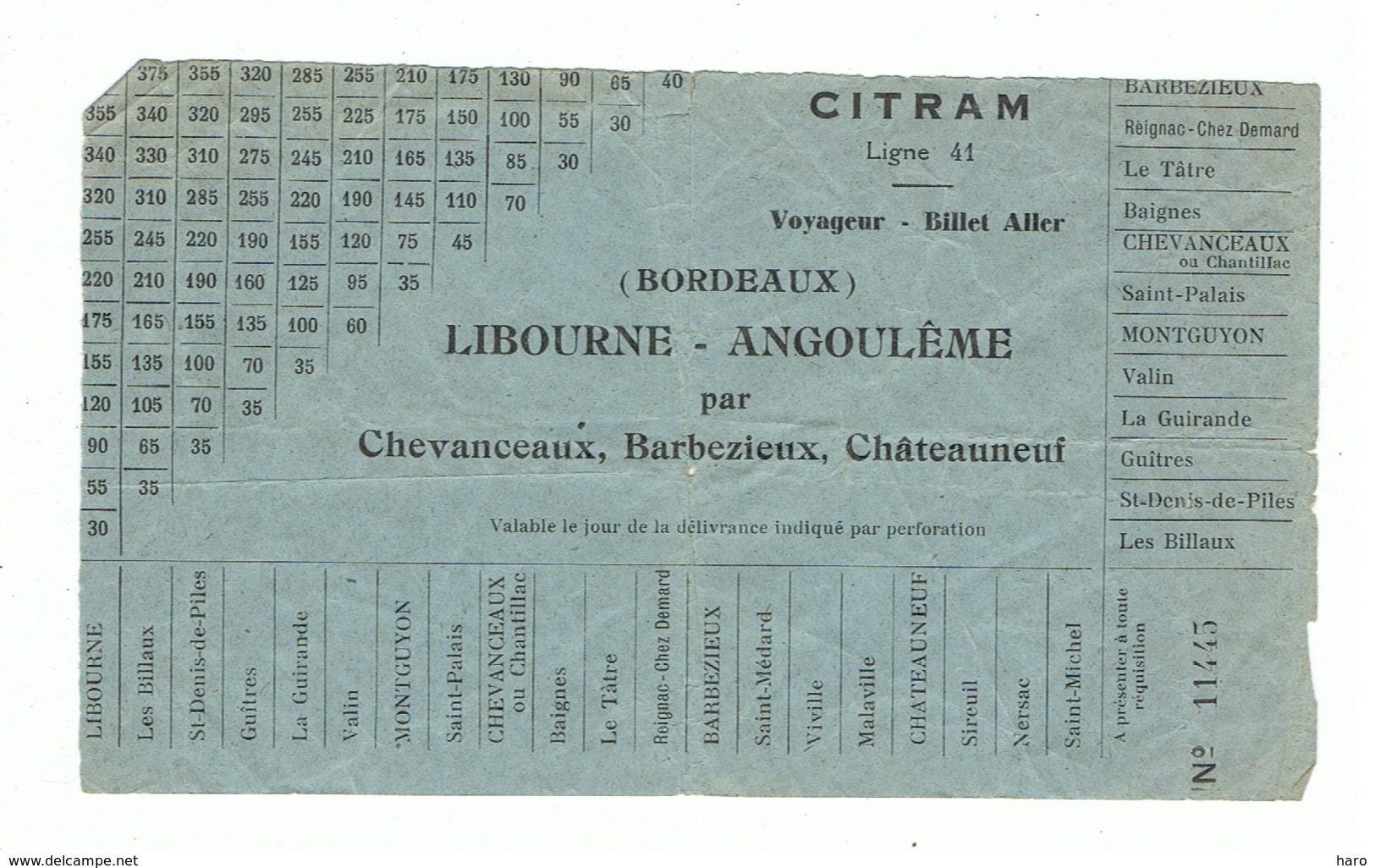 Billet De Bus - CITRAM ( Bordeaux ) Ligne 41 Libourne - Angoulème .(fr79) - Europe