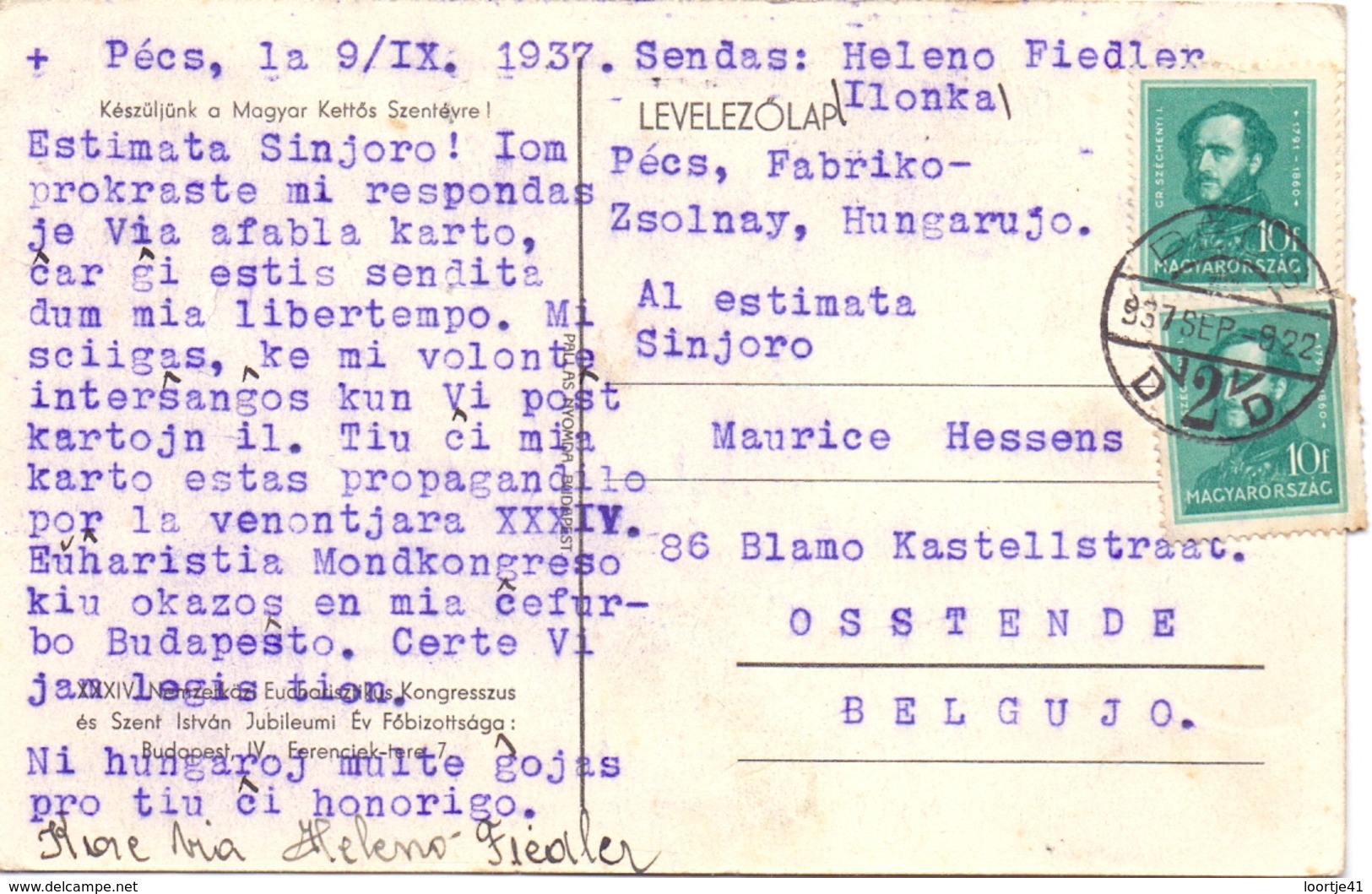 PK - Carte En Esperanto - Hongrie Hongarije - Congres Budapest 1938 - Verstuurd Naar Oostende - Autres & Non Classés