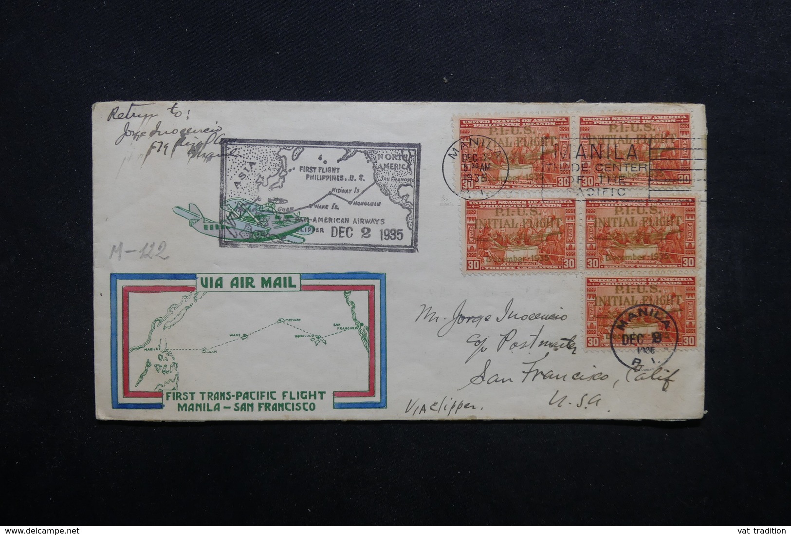 PHILIPPINES - Enveloppe De Manille Par Avion Pour San Francisco En 1935 , Affranchissement Plaisant - L 32858 - Filipinas