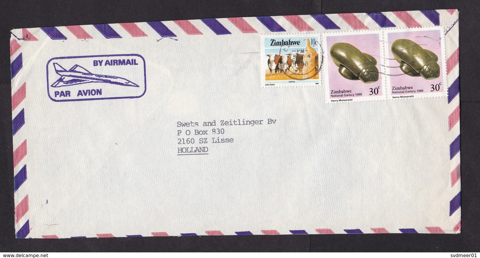 Zimbabwe: Airmail Cover To Netherlands, 1988, 3 Stamps, Art, Heritage, National Gallery, Cattle, Cow (traces Of Use) - Zimbabwe (1980-...)