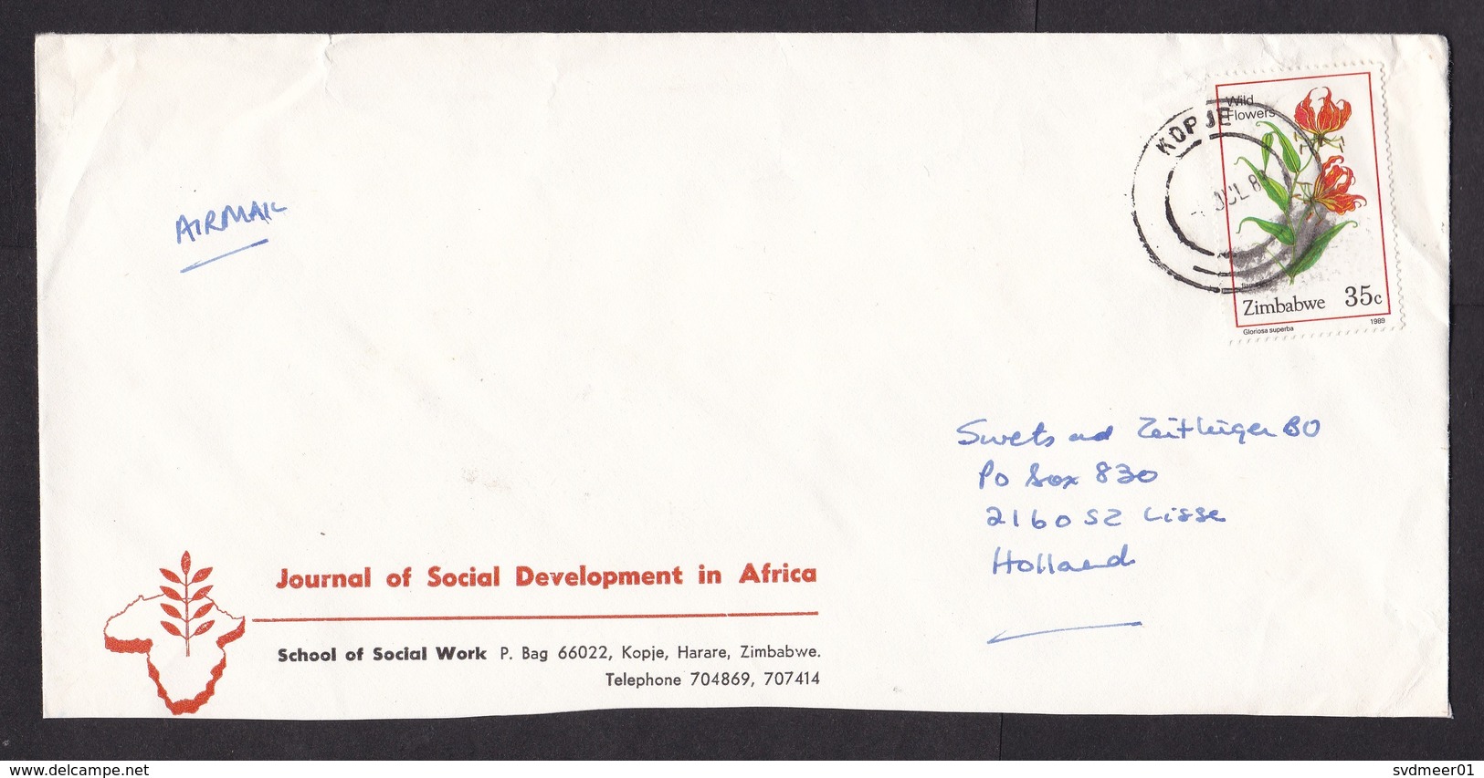 Zimbabwe: Airmail Cover To Netherlands, 1989, 1 Stamp, Wild Flower, Cancel Kopje (minor Damage) - Zimbabwe (1980-...)