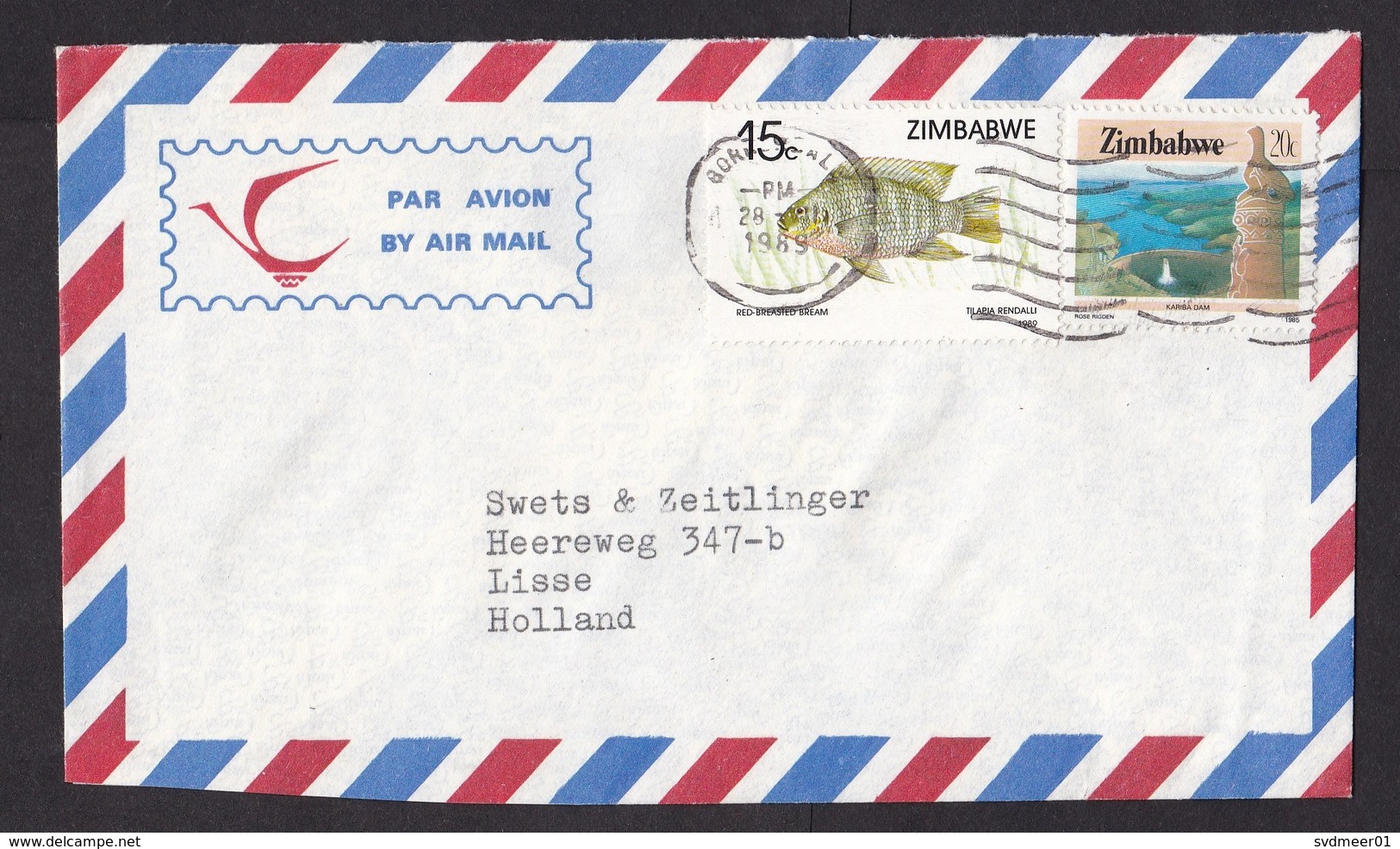 Zimbabwe: Airmail Cover To Netherlands, 1989, 2 Stamps, Tilapia Fish, Hydro Energy Dam (traces Of Use) - Zimbabwe (1980-...)