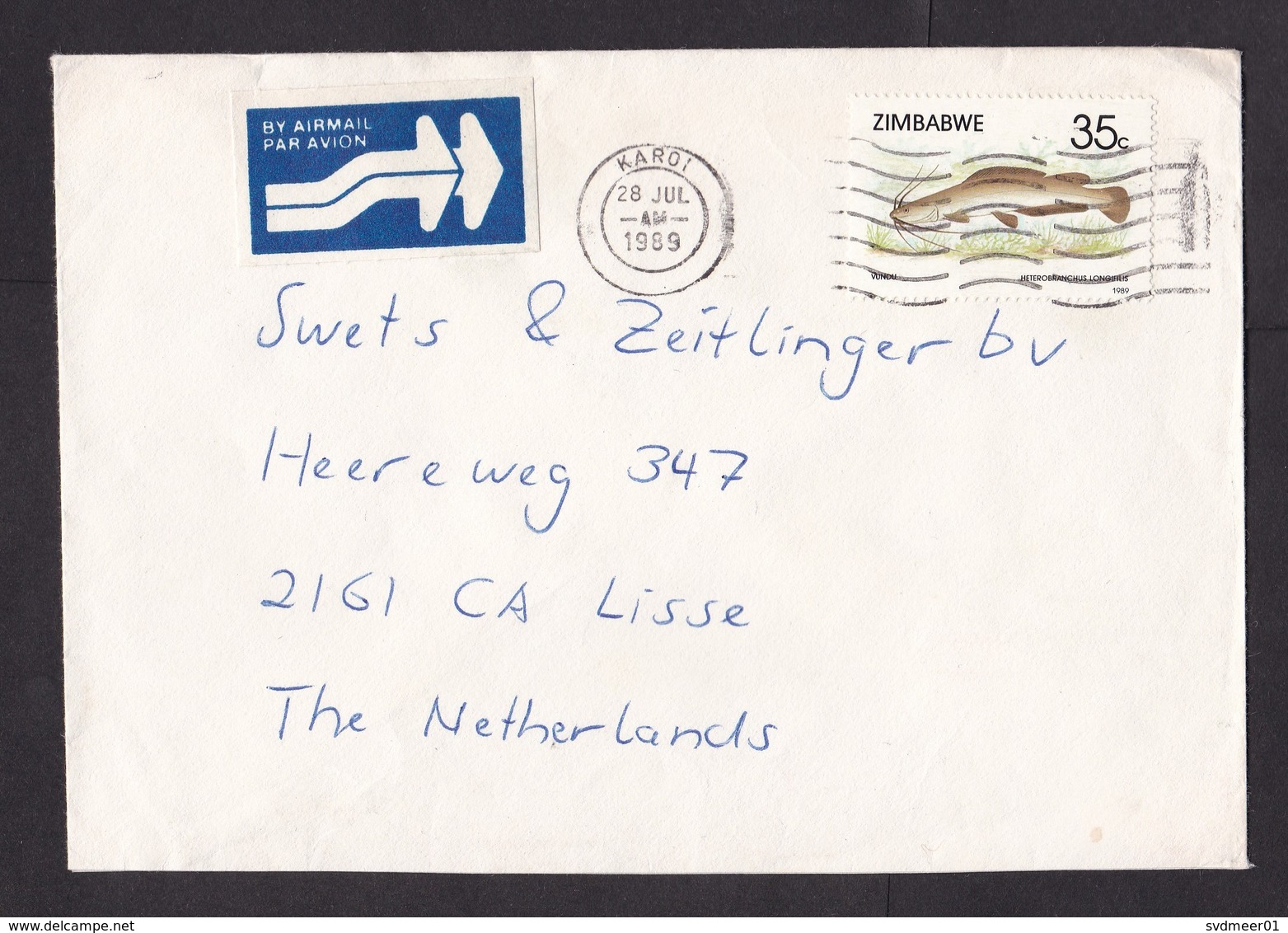 Zimbabwe: Airmail Cover To Netherlands, 1989, 1 Stamp, Fish, Air Label, Cancel Karoi (traces Of Use) - Zimbabwe (1980-...)