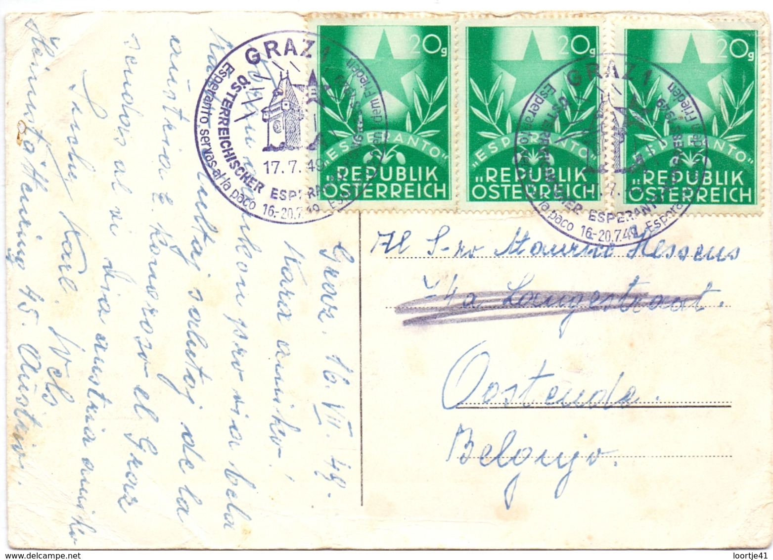 PK - Carte En Esperanto - Graz - Austria Esperanto Kongreso 1949 - Verstuurd Naar Oostende - Esperanto