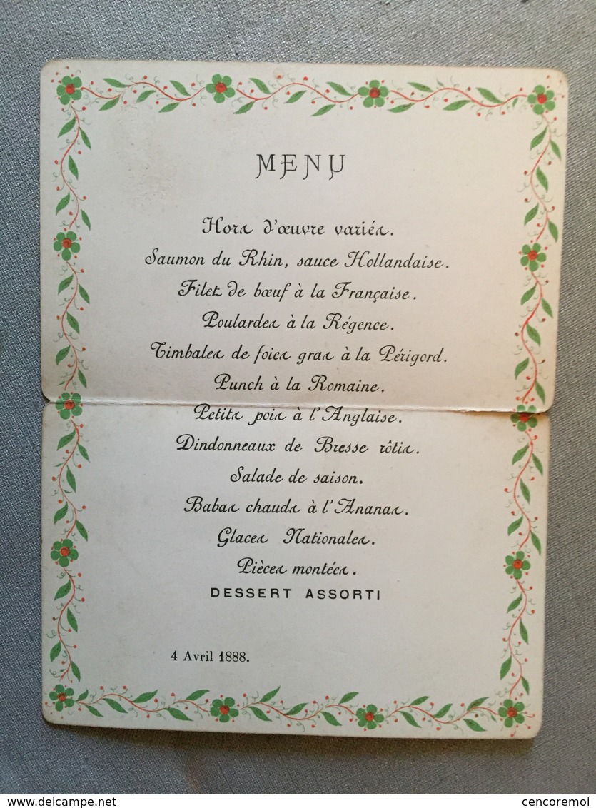 Menu Ancien 4 Avril 1888 Carte Chromo Publicitaire Ve Di Torino, Repas De Noce - Menus