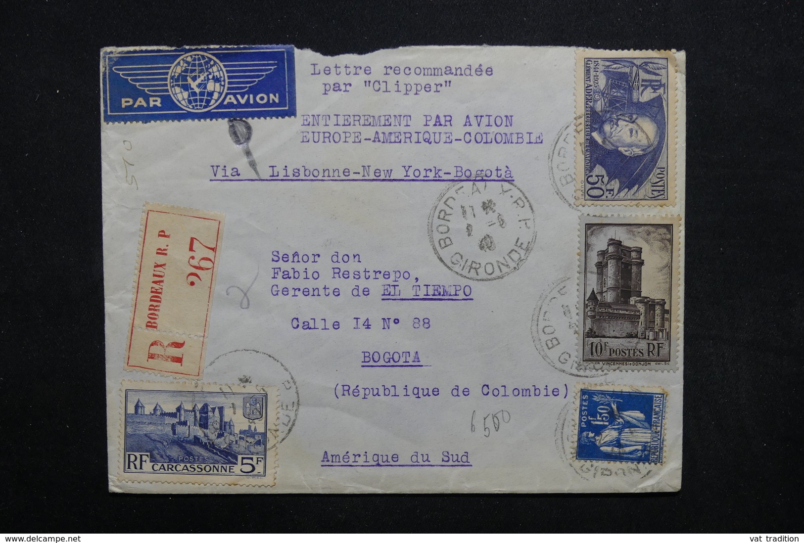 FRANCE - Enveloppe En Recommandé De Bordeaux Pour Bogota Par Avion En 1940, Affranchissement Plaisant Dont Ader- L 32874 - 1921-1960: Moderne