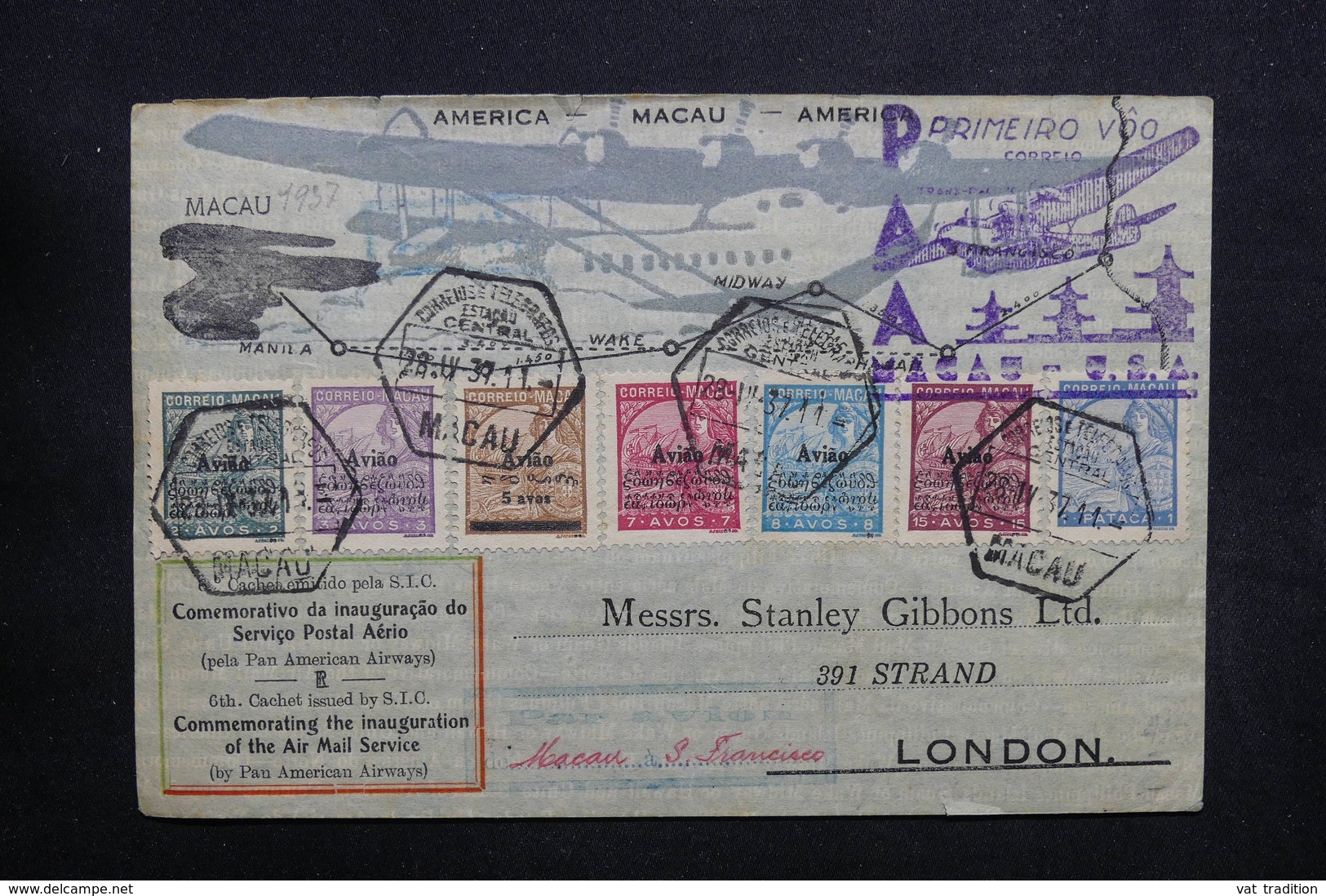 MACAO - Enveloppe 1er Vol De Macao / U.S.A. Pour Londres En 1937, Affranchissement Plaisant - L 32876 - Storia Postale