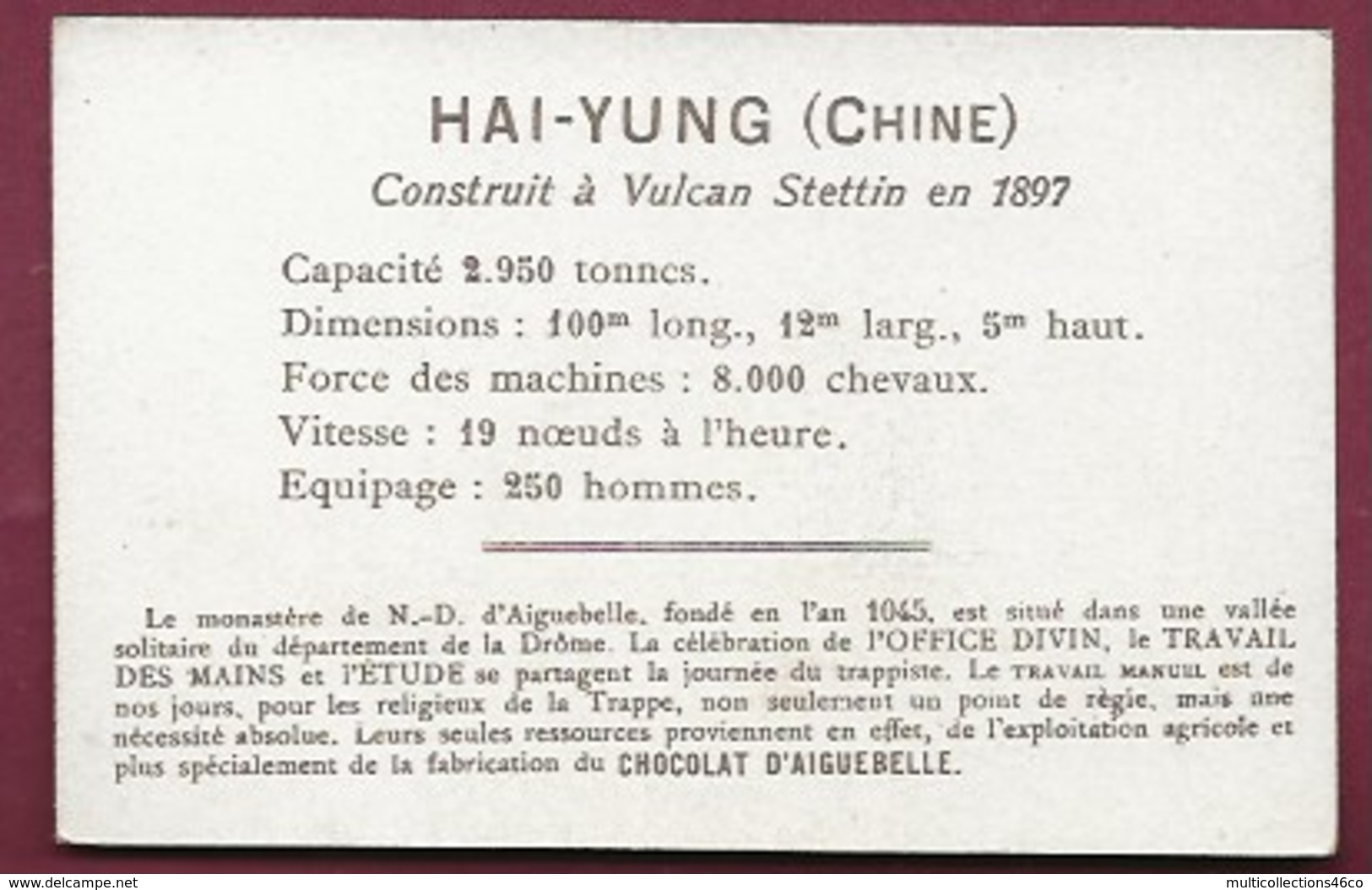 250619A - CHROMO CHOCOLAT AIGUEBELLE - HAI-YUNG Chine Cuirassé  Construit à Vulcan Stettin En 1897 - Aiguebelle