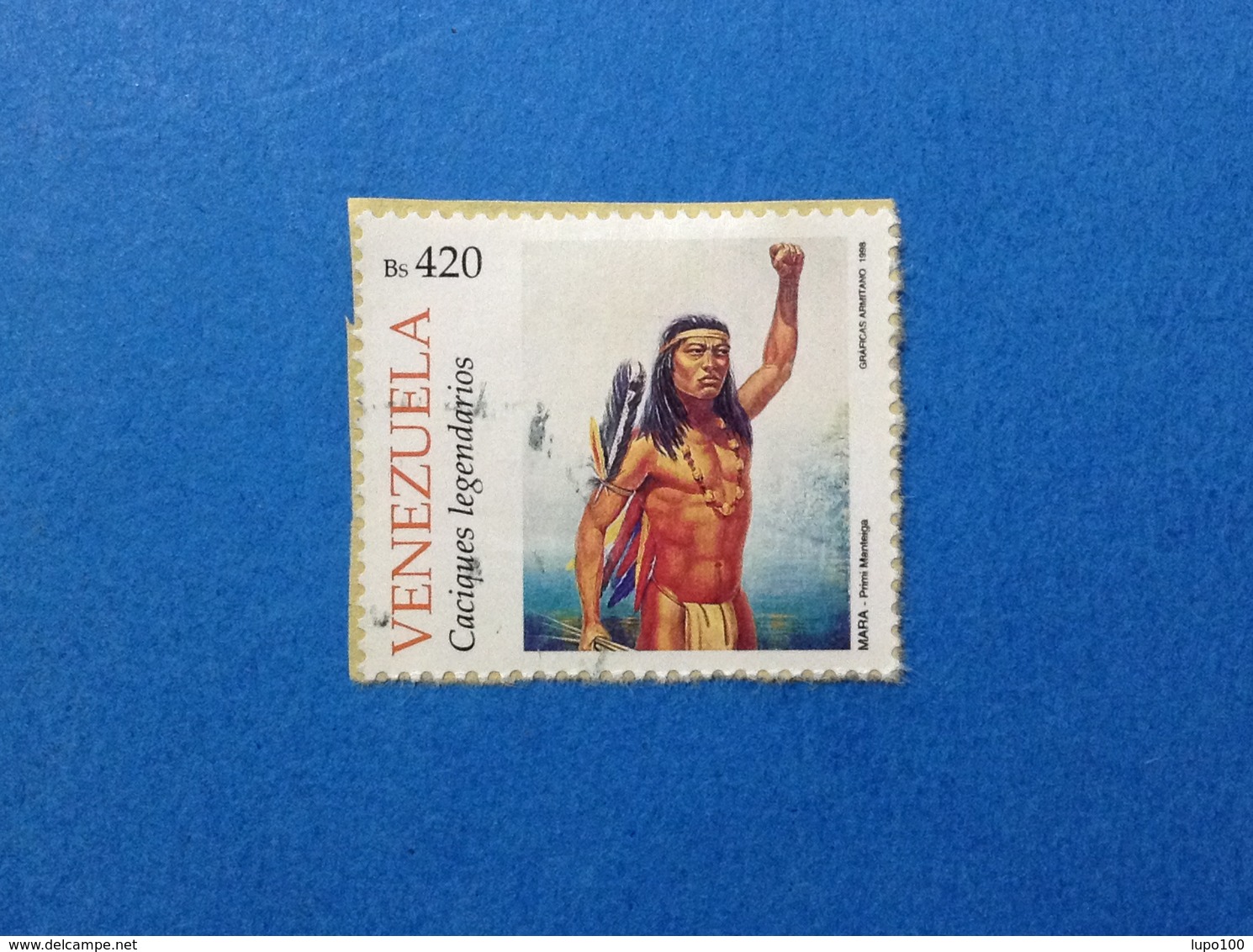 1998 VENEZUELA FRANCOBOLLO USATO STAMP USED NATIVI AMERICANI MARA PRIMI MANTEIGA 420 BS - Venezuela