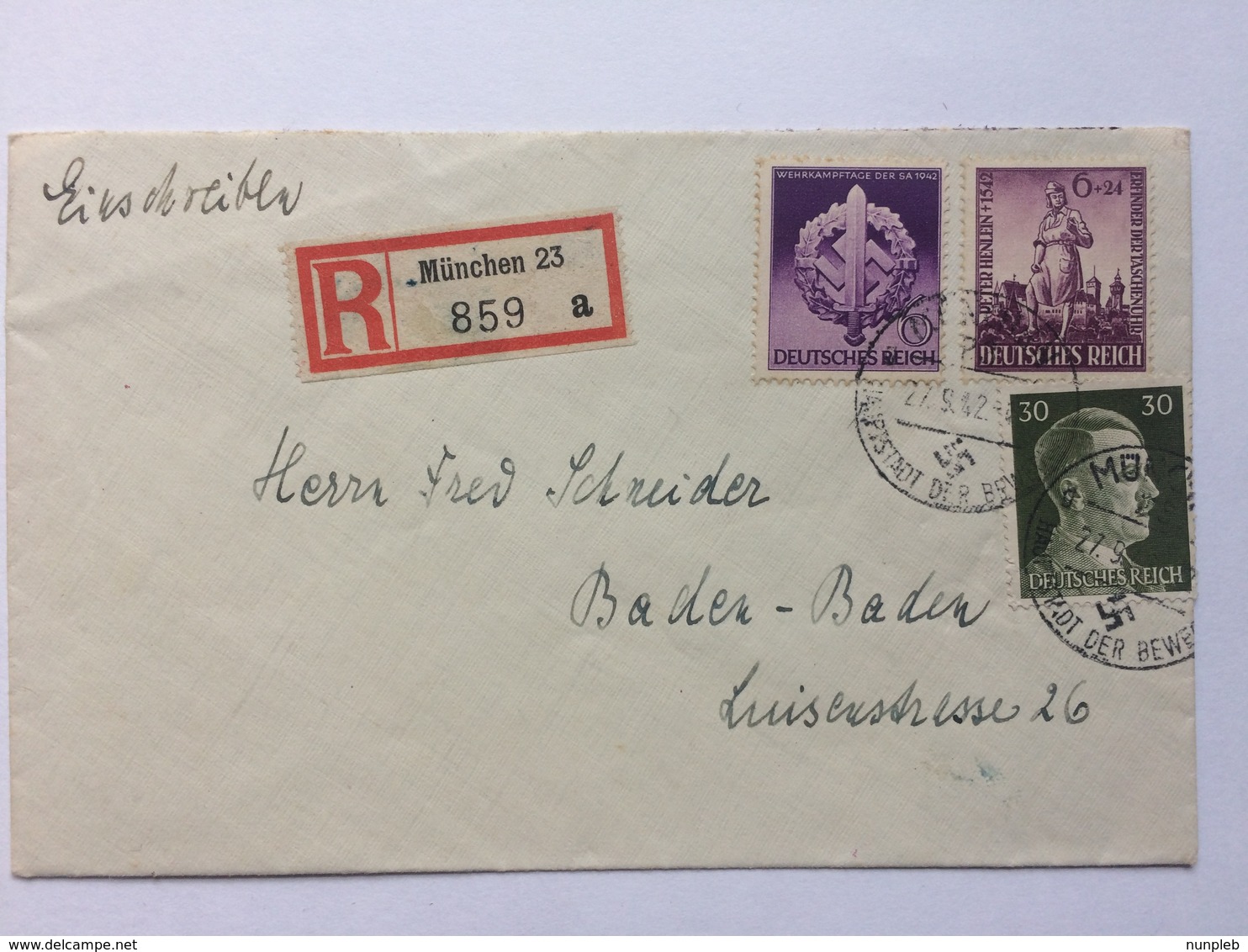 GERMANY 1942 Cover Registered Munchen To Baden Baden - Haupstadt Der Bewegung - Covers & Documents