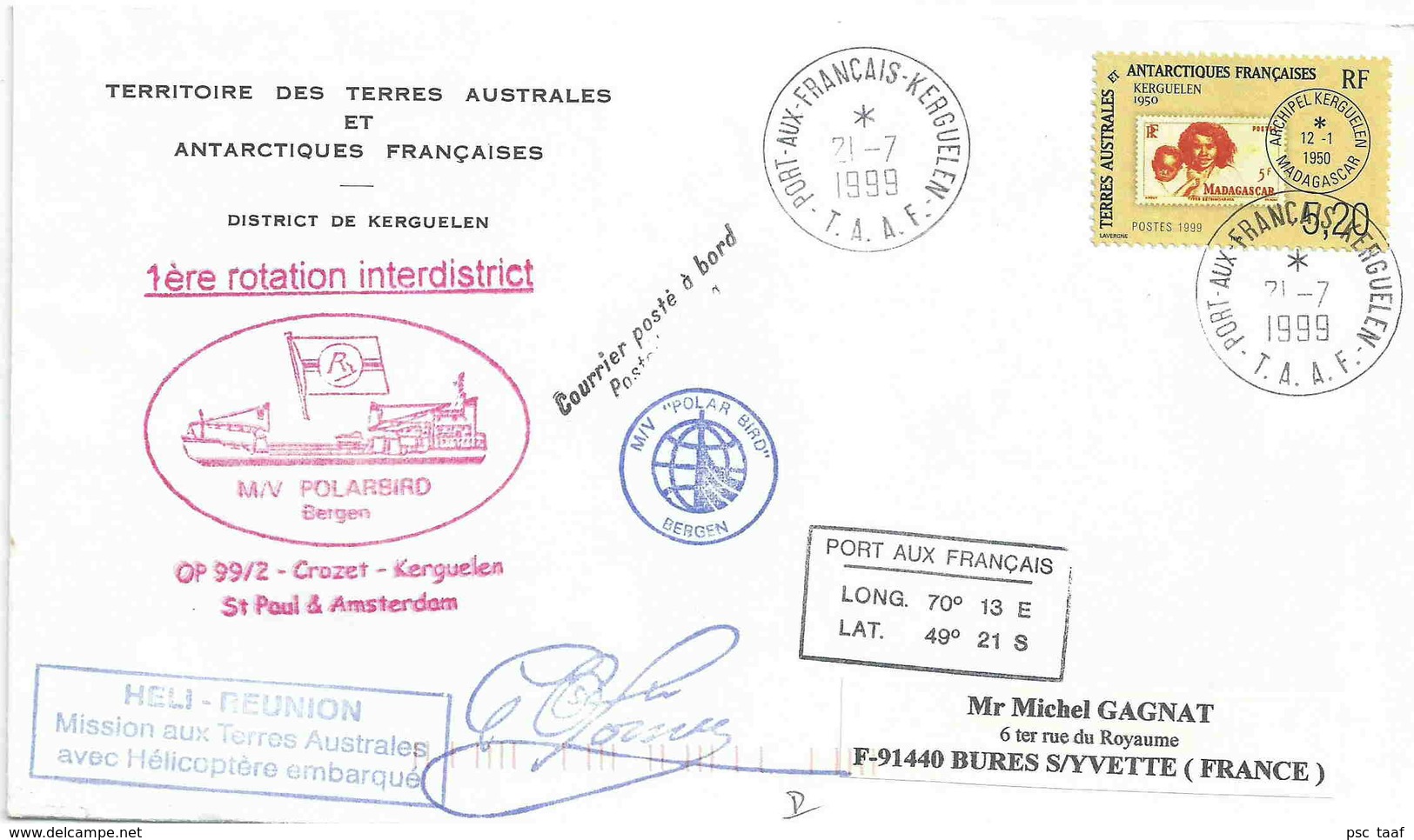 YT 262 - Reproduction D'un Timbre De Madagascar - Posté à Bord Du Polarbird - Port Aux Français - 21/07/1999 - Lettres & Documents