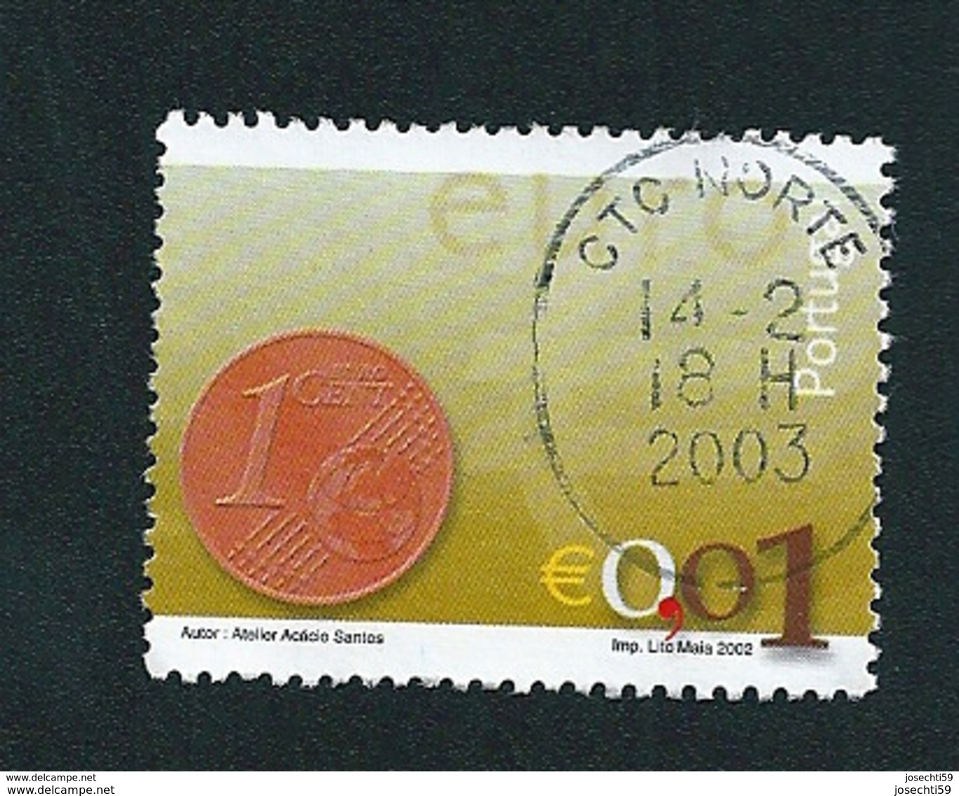 N° 2540 Nouvelle Pièce Euro 0,01 Euro;  Oblitéré Timbre  Portugal 2002 - Oblitérés