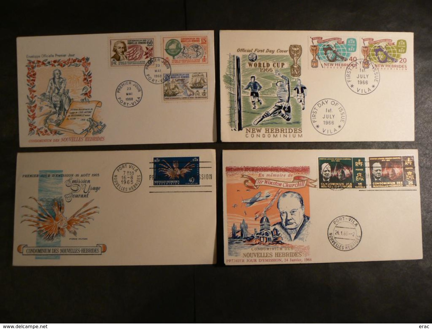 Nouvelles-Hébrides - Années 1960 - Lot De 4 Enveloppes FDC - Churchill - Football - Bougainville - Poisson - FDC