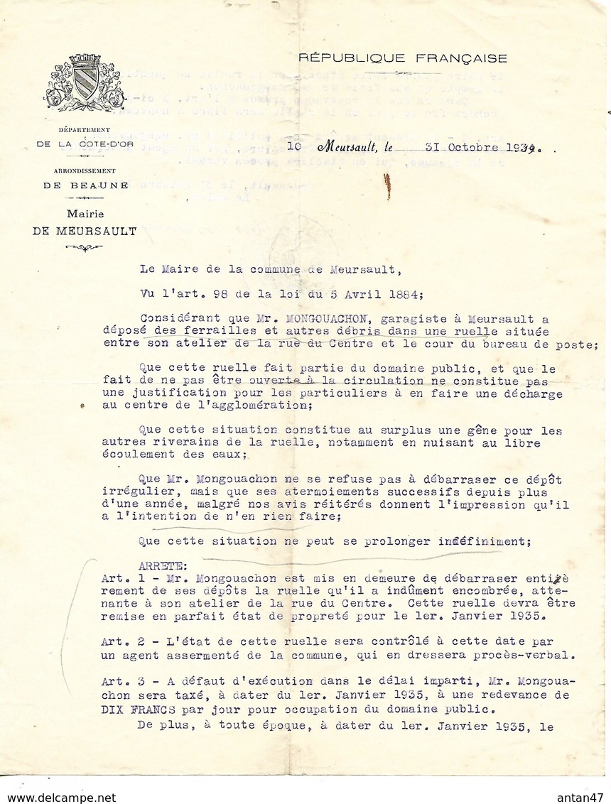 Lettre 1939 / 21 Mairie De MEURSAULT / Incivilité De M. Mongouachon Garagiste / Tampon - 1900 – 1949