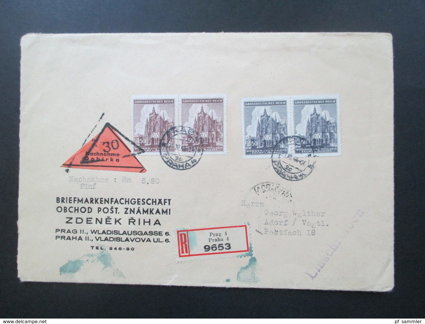 Böhmen Und Mähren 1944 Einschreiben / Nachnahme Briefmarkengeschäft Zdenek Riha Prag - Adorf Mit Ak Stempel - Briefe U. Dokumente