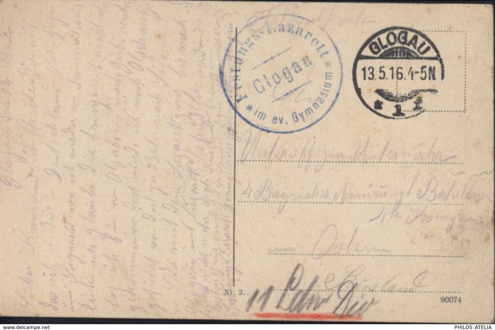 Guerre 14 Cachet Festungs Lazarett Glogan Im Ev Gymnasium CAD Glogau 13 5 16 CPA POlogne Glogau Am Krieger Denkmal - Storia Postale