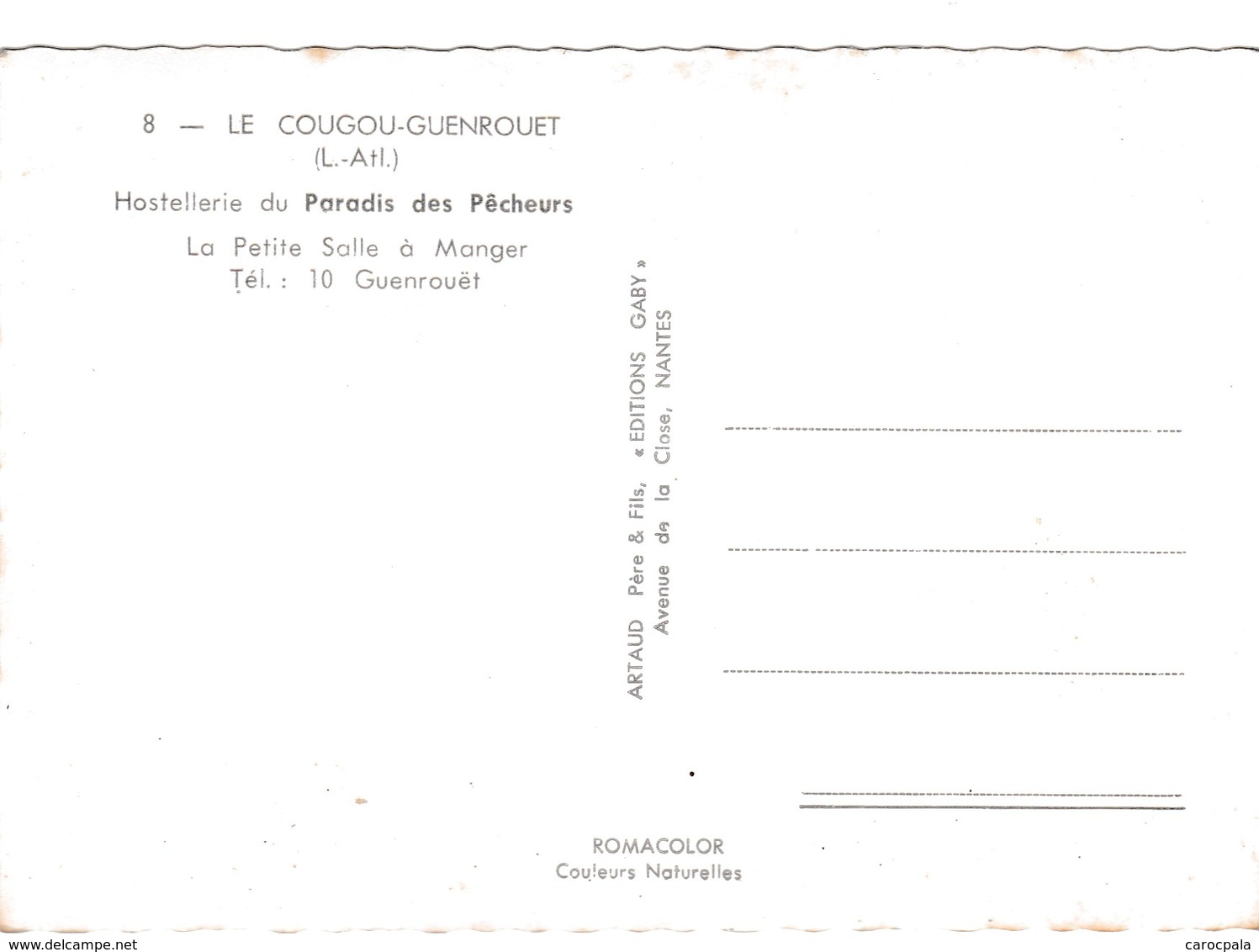 Carte 1960 LE COUGOU GUENROUET  / HOSTELLERIE RESTAURANT "LE PARADIS DES PECHEURS" :petite Salle A Manger - Guenrouet