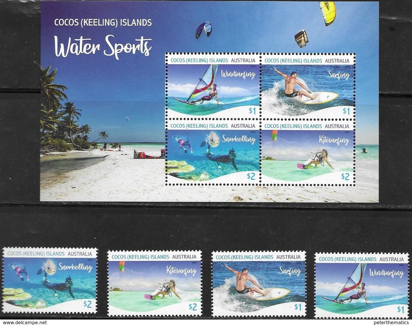 COCOS ISLANDS, 2019, MNH, WATER SPORTS, SURFING, WINDSURFING, KITESURFING,  SNORKELLING, FISH, V+SHEETLET - Other & Unclassified