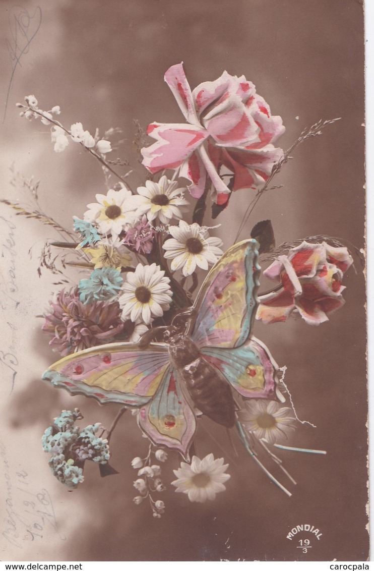 Carte 1916 FLEURS ET PAPILLON - Papillons