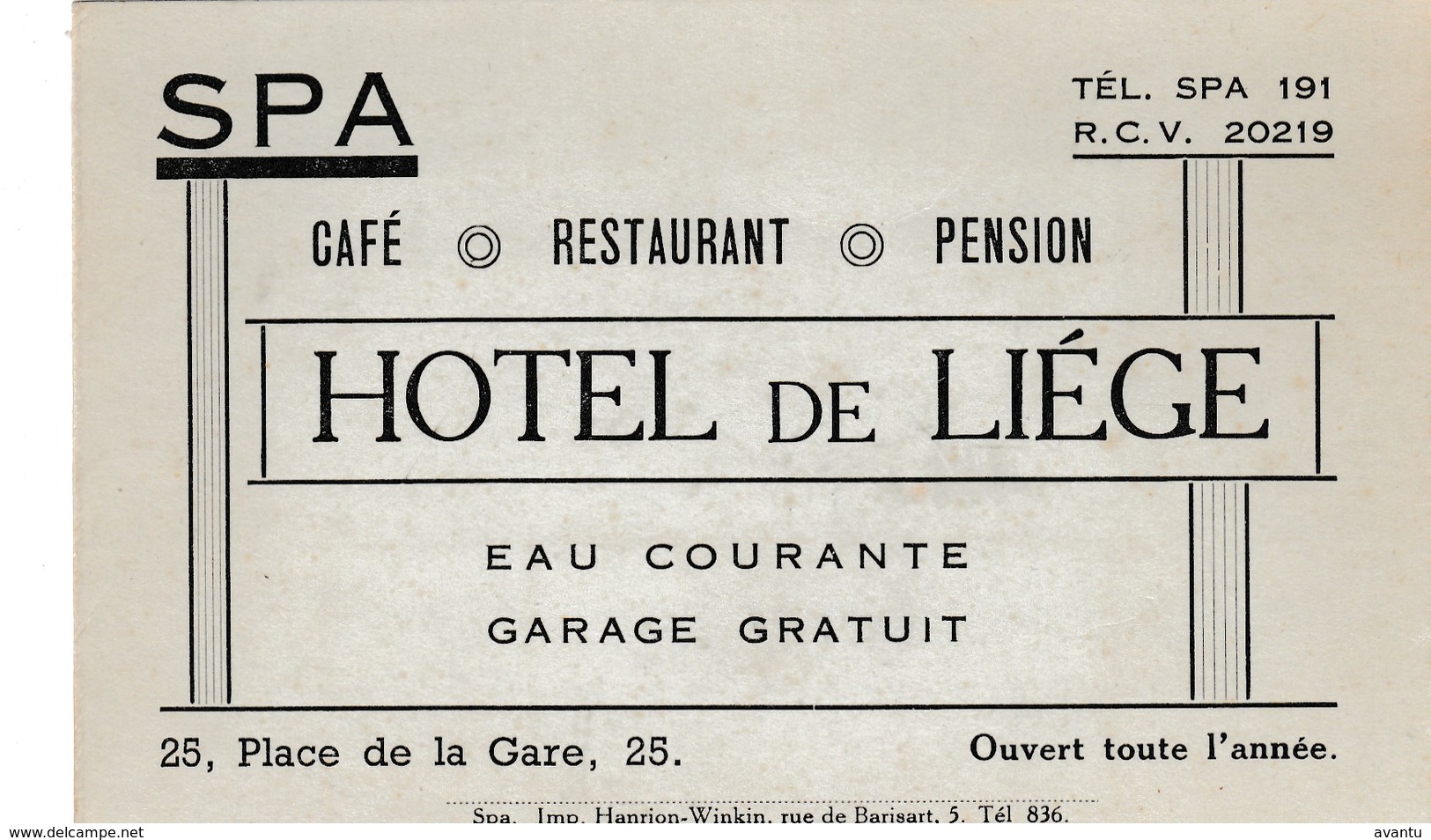 SPA / HOTEL DE LIEGE / CARTE PUBLICITAIRE - Spa