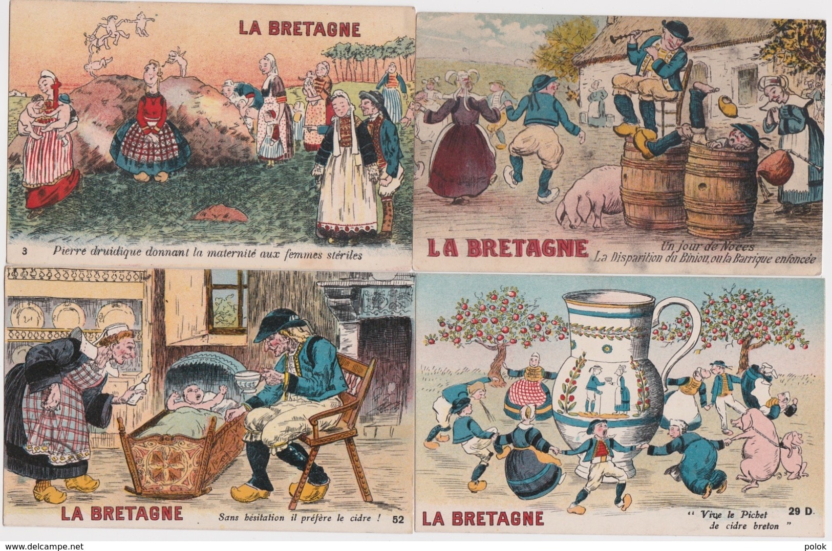 Bu - Lot De 4 Cpa Illustrées LA BRETAGNE - Cidre, Biniou, Noces, Pierre Druidique - Humor