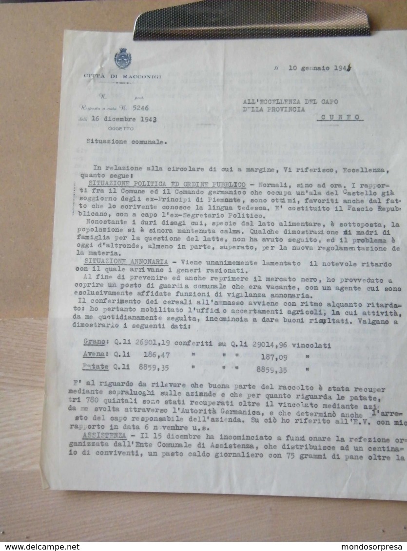 MONDOSORPRESA, (MT2) ANNO 1943, RACCONIGI, DESCRIZIONE DELLA SITUAZIONE COMUNALE E IL COMANDO GERMANICO - Documents