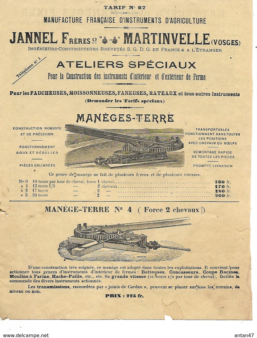 Document 4 Pages / Manufacture Instruments Agricole 88 MARTINVELLE Jannel / Manèges-Terre & Roue Cone, Batteuses, Tarare - 1900 – 1949