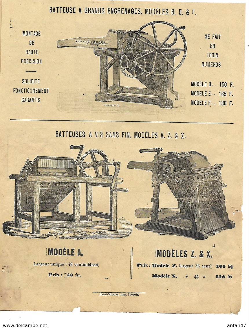 Document 4 Pages / Manufacture Instruments Agricole 88 MARTINVELLE Jannel / Manèges-Terre & Roue Cone, Batteuses, Tarare - 1900 – 1949